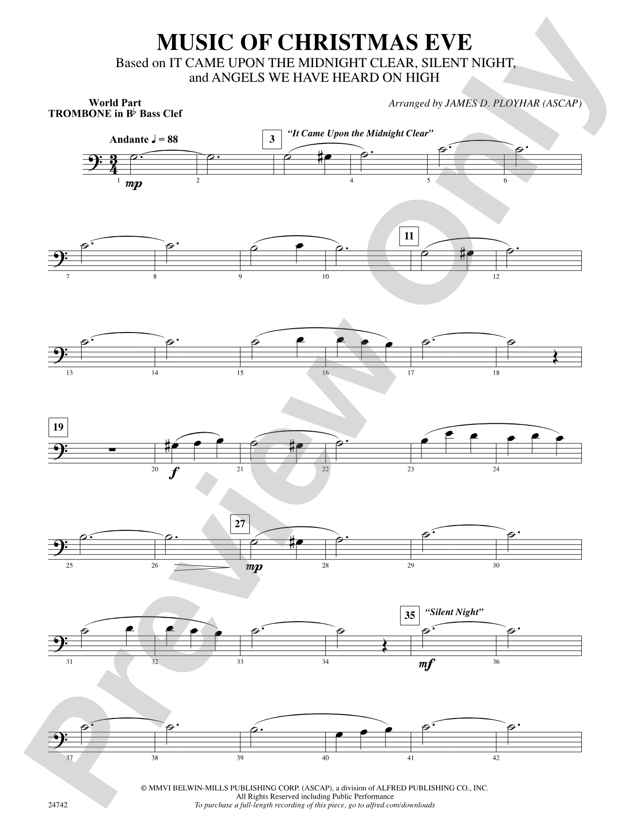 Music of Christmas Eve (Based on "It Came Upon the Midnight Clear," "Silent Night," and "Angels We Have Heard on High"): (wp) 1st B-flat Trombone B.C.