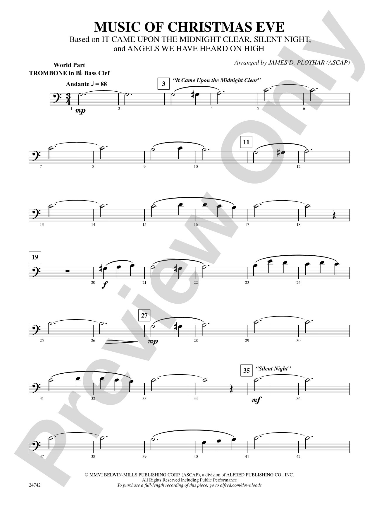 Music of Christmas Eve (Based on "It Came Upon the Midnight Clear," "Silent Night," and "Angels We Have Heard on High"): (wp) Bb Trombone B.C.