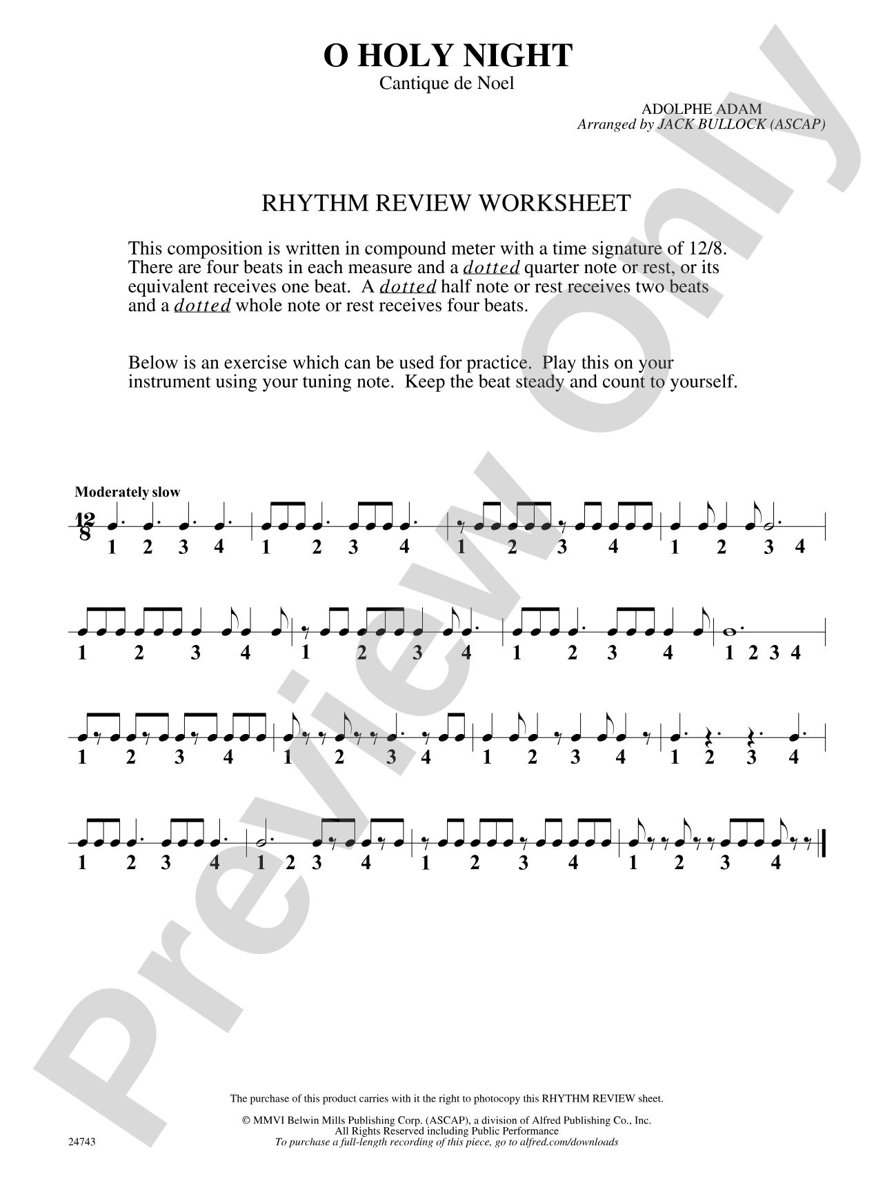 O Holy Night (Cantique de Noel): Rhythm Review Worksheet