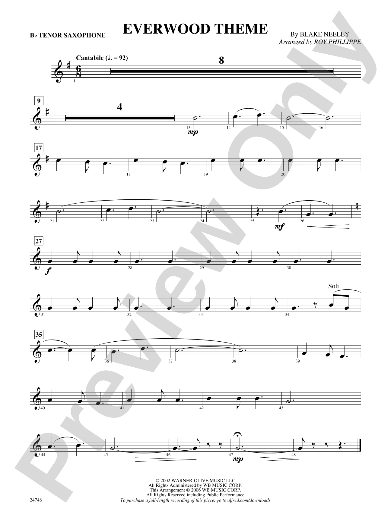 Everwood Theme: B-flat Tenor Saxophone