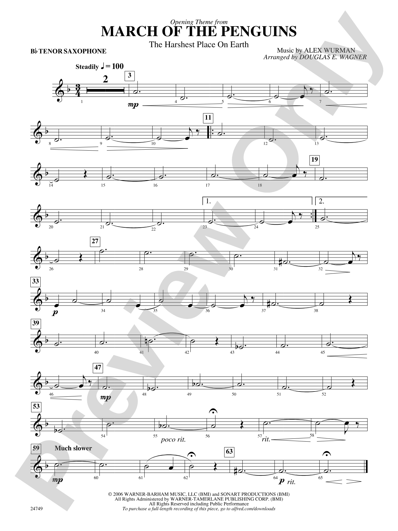 March of the Penguins, Opening Theme from (The Harshest Place on Earth): B-flat Tenor Saxophone