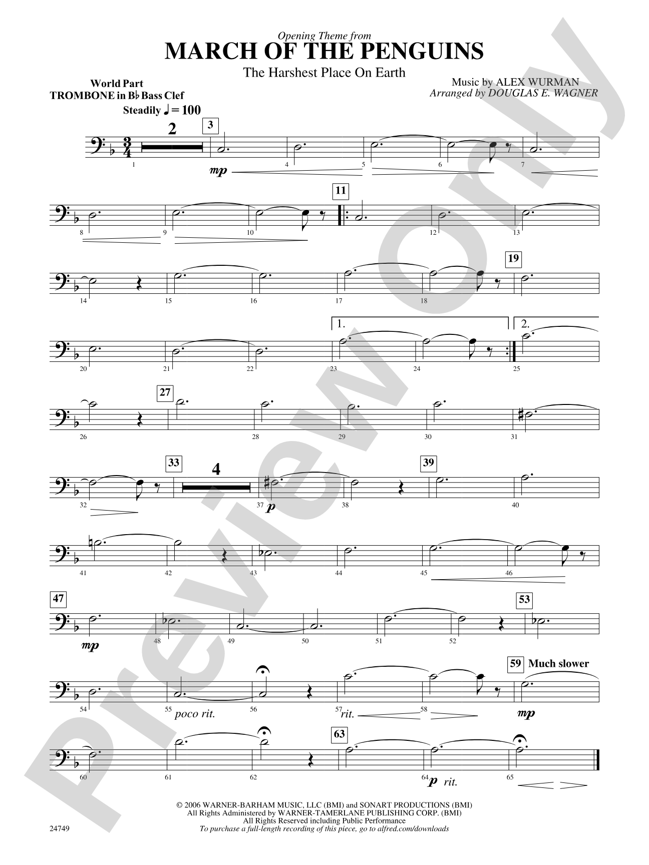 March of the Penguins, Opening Theme from (The Harshest Place on Earth): (wp) 1st B-flat Trombone B.C.