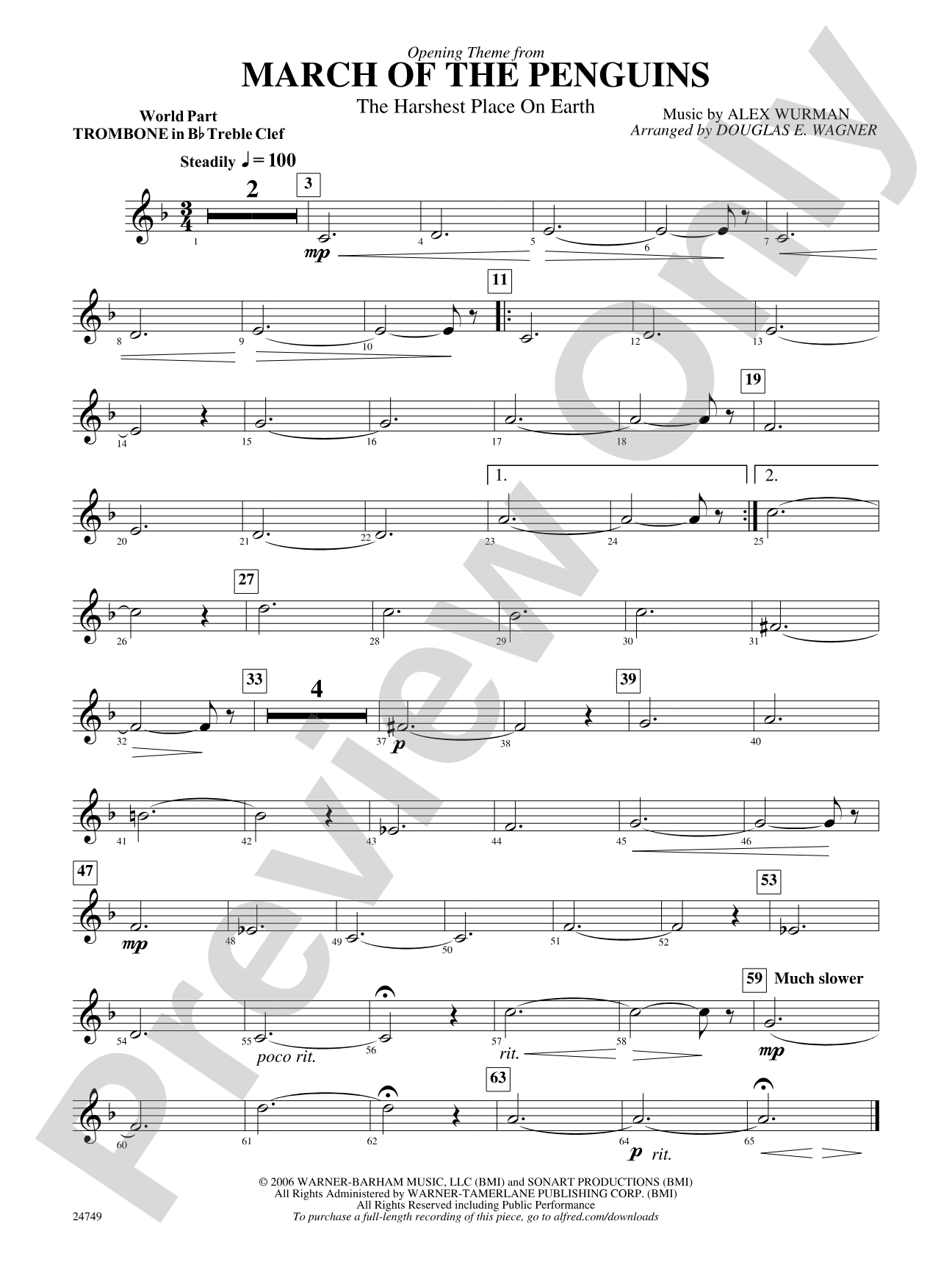 March of the Penguins, Opening Theme from (The Harshest Place on Earth): (wp) 1st B-flat Trombone T.C.