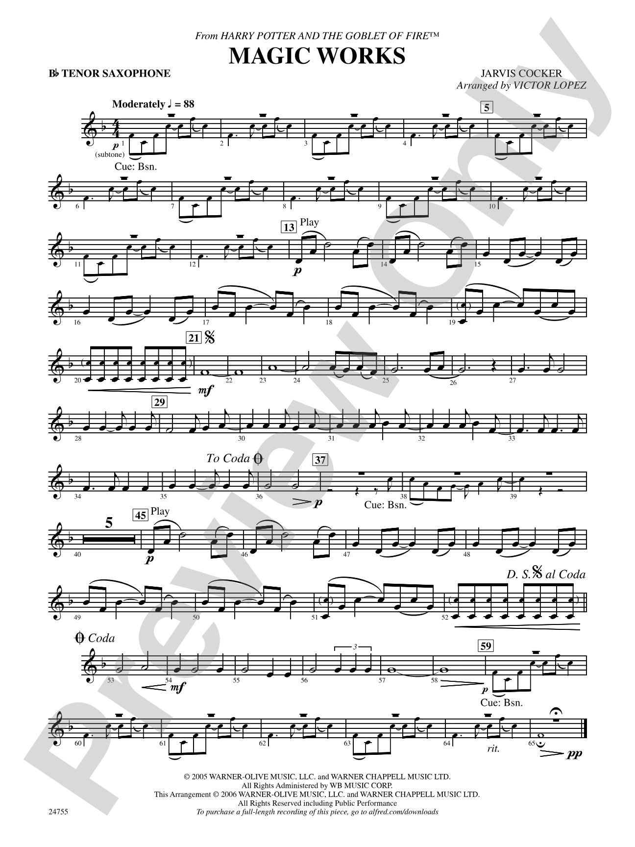 Magic Works (from Harry Potter and the Goblet of Fire): B-flat Tenor Saxophone