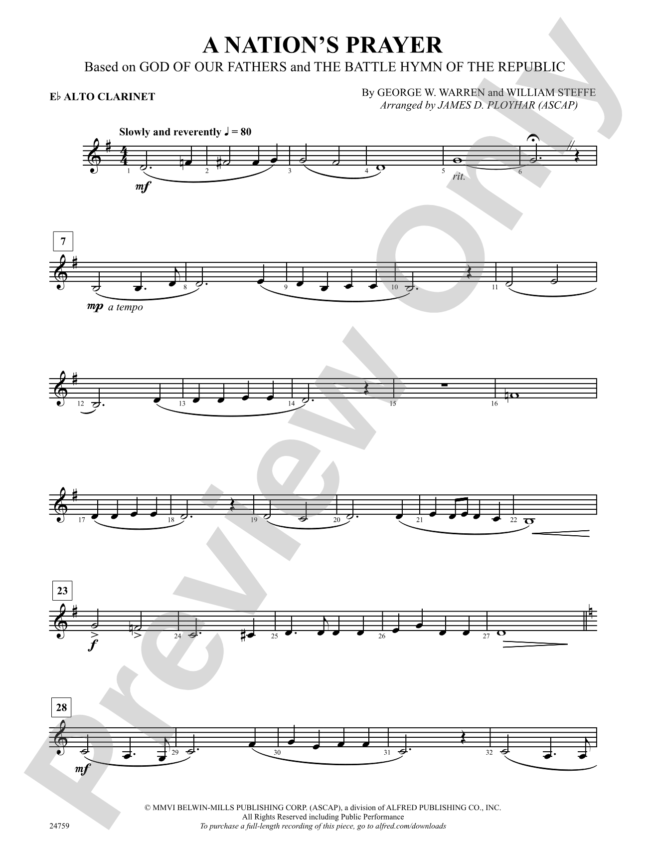 A Nation's Prayer (Based on "God of Our Fathers" and "The Battle Hymn of the Republic"): E-flat Alto Clarinet