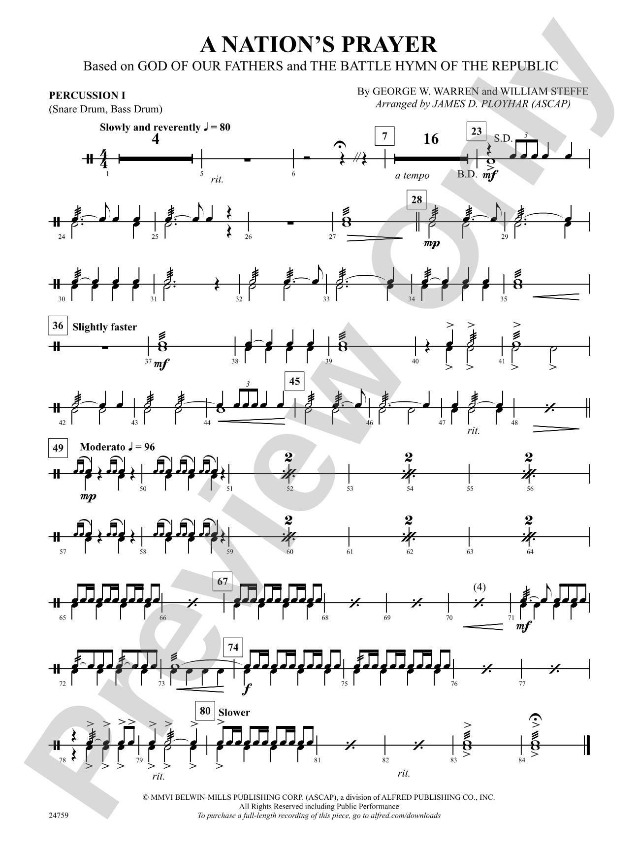 A Nation's Prayer (Based on "God of Our Fathers" and "The Battle Hymn of the Republic"): 1st Percussion