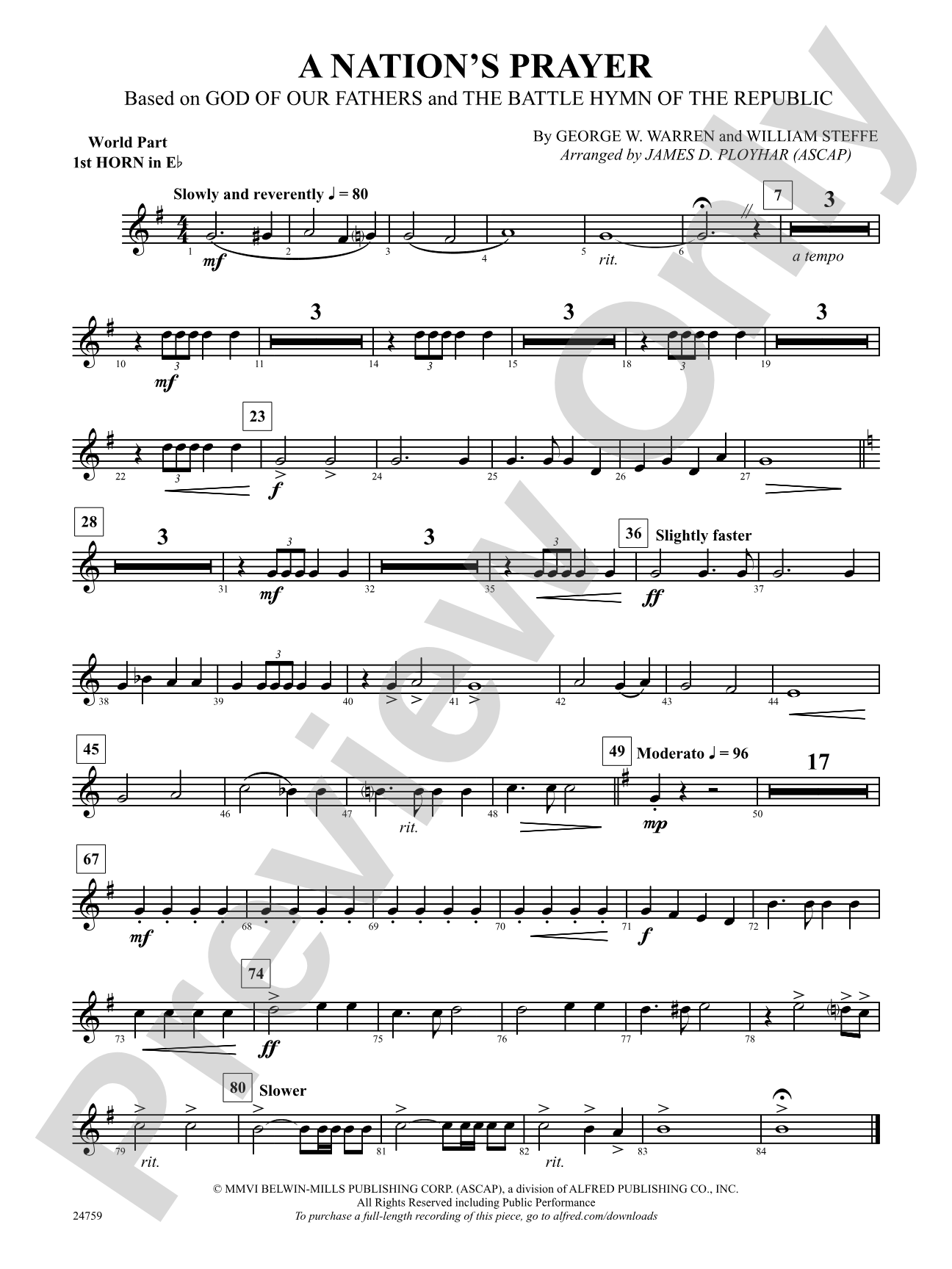 A Nation's Prayer (Based on "God of Our Fathers" and "The Battle Hymn of the Republic"): (wp) 1st Horn in E-flat