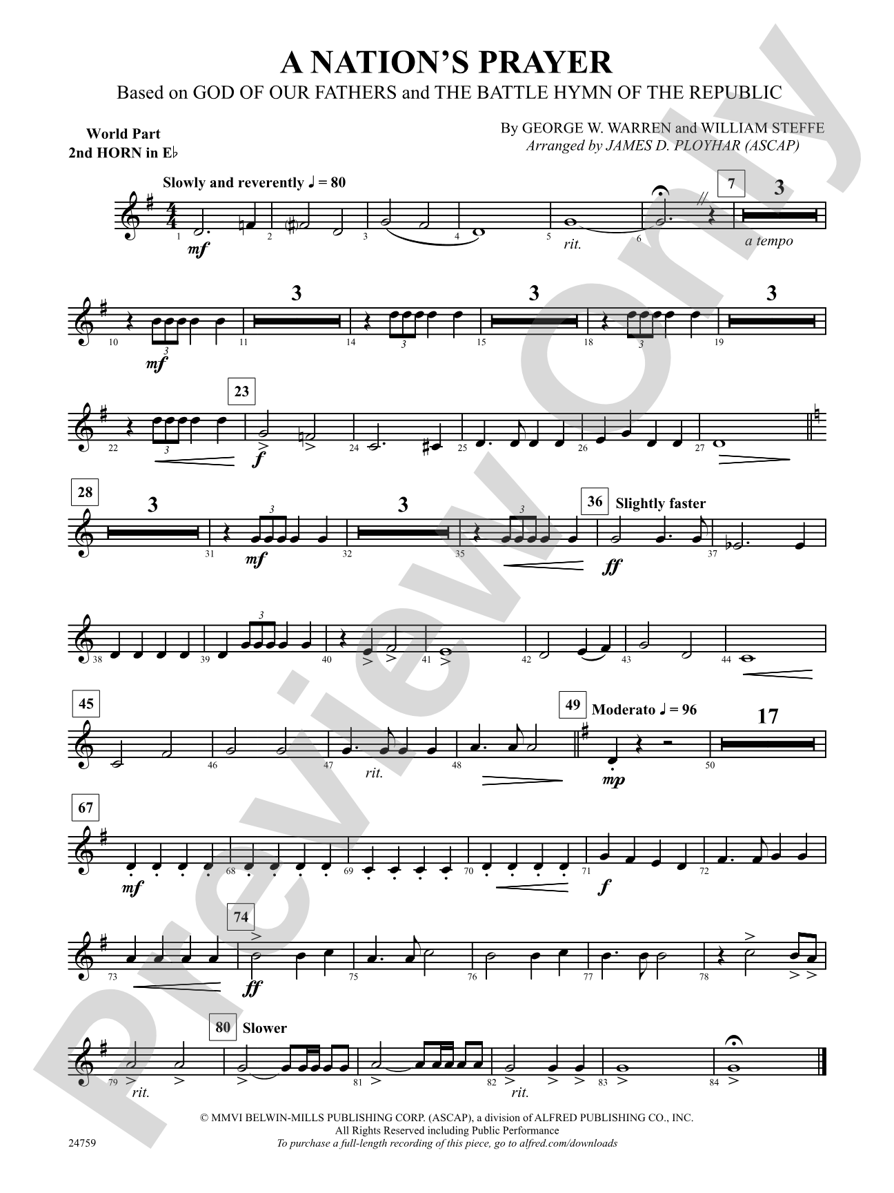 A Nation's Prayer (Based on "God of Our Fathers" and "The Battle Hymn of the Republic"): (wp) 2nd Horn in E-flat