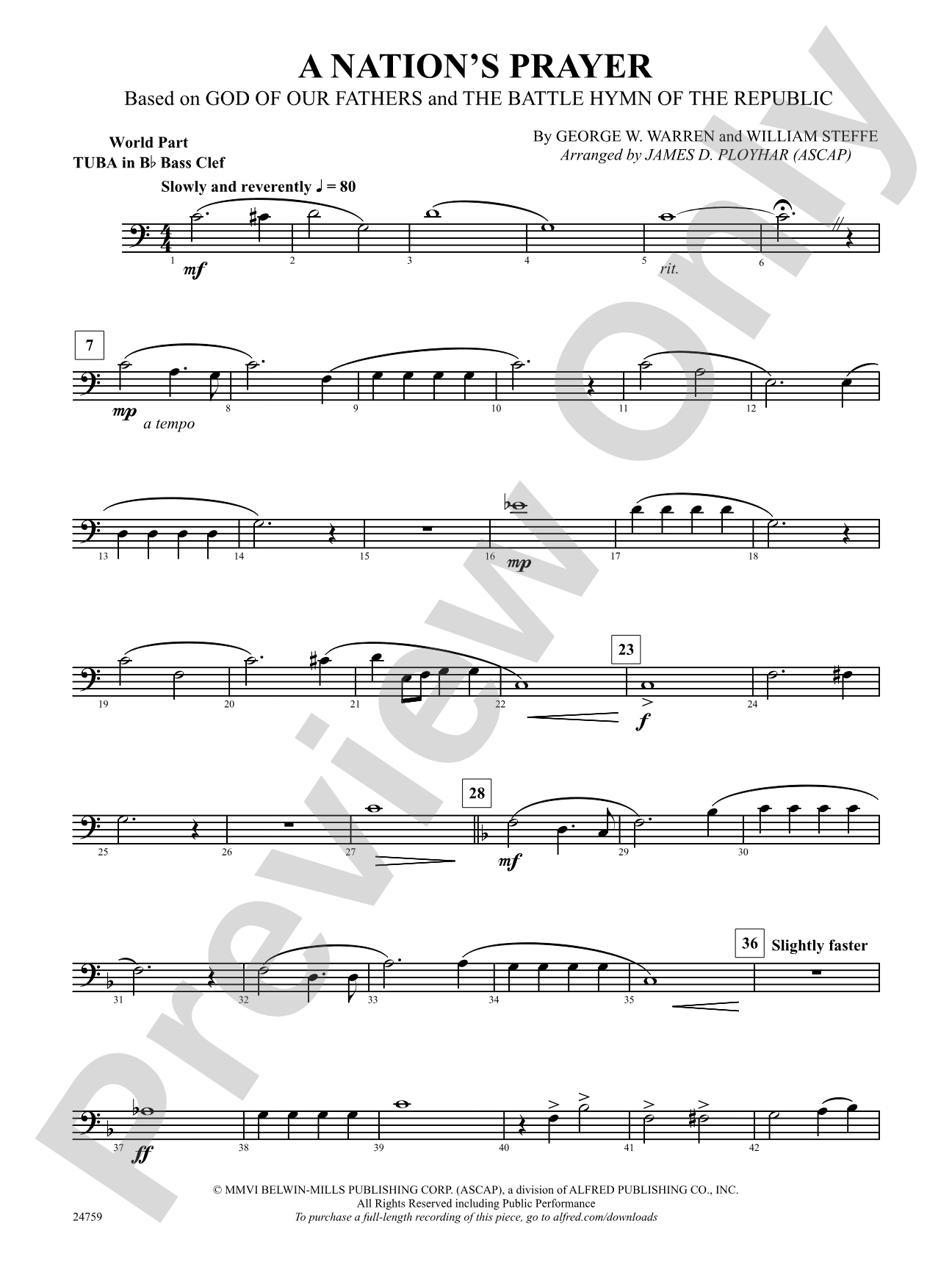 A Nation's Prayer (Based on "God of Our Fathers" and "The Battle Hymn of the Republic"): (wp) B-flat Tuba B.C.