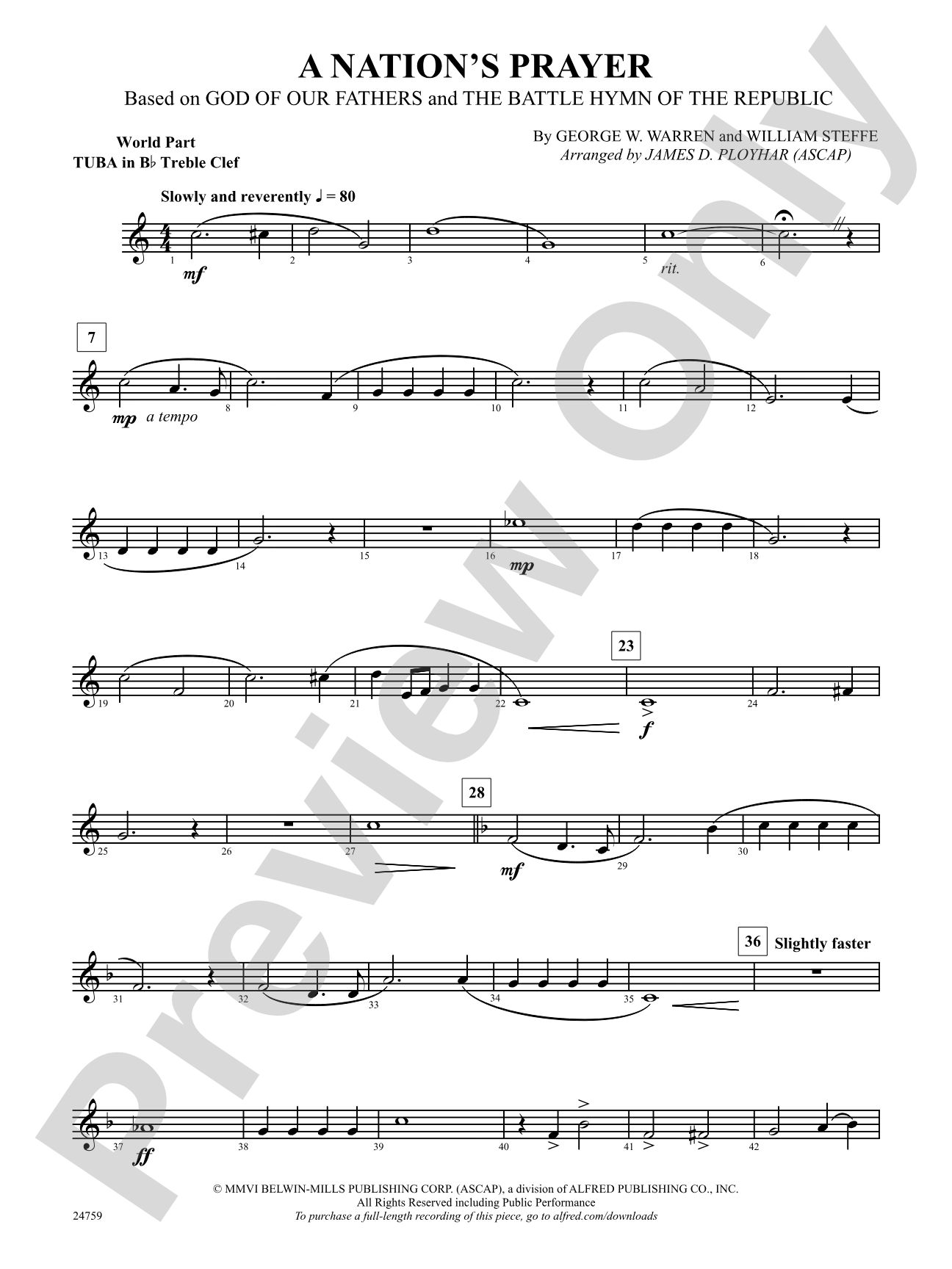 A Nation's Prayer (Based on "God of Our Fathers" and "The Battle Hymn of the Republic"): (wp) B-flat Tuba T.C.