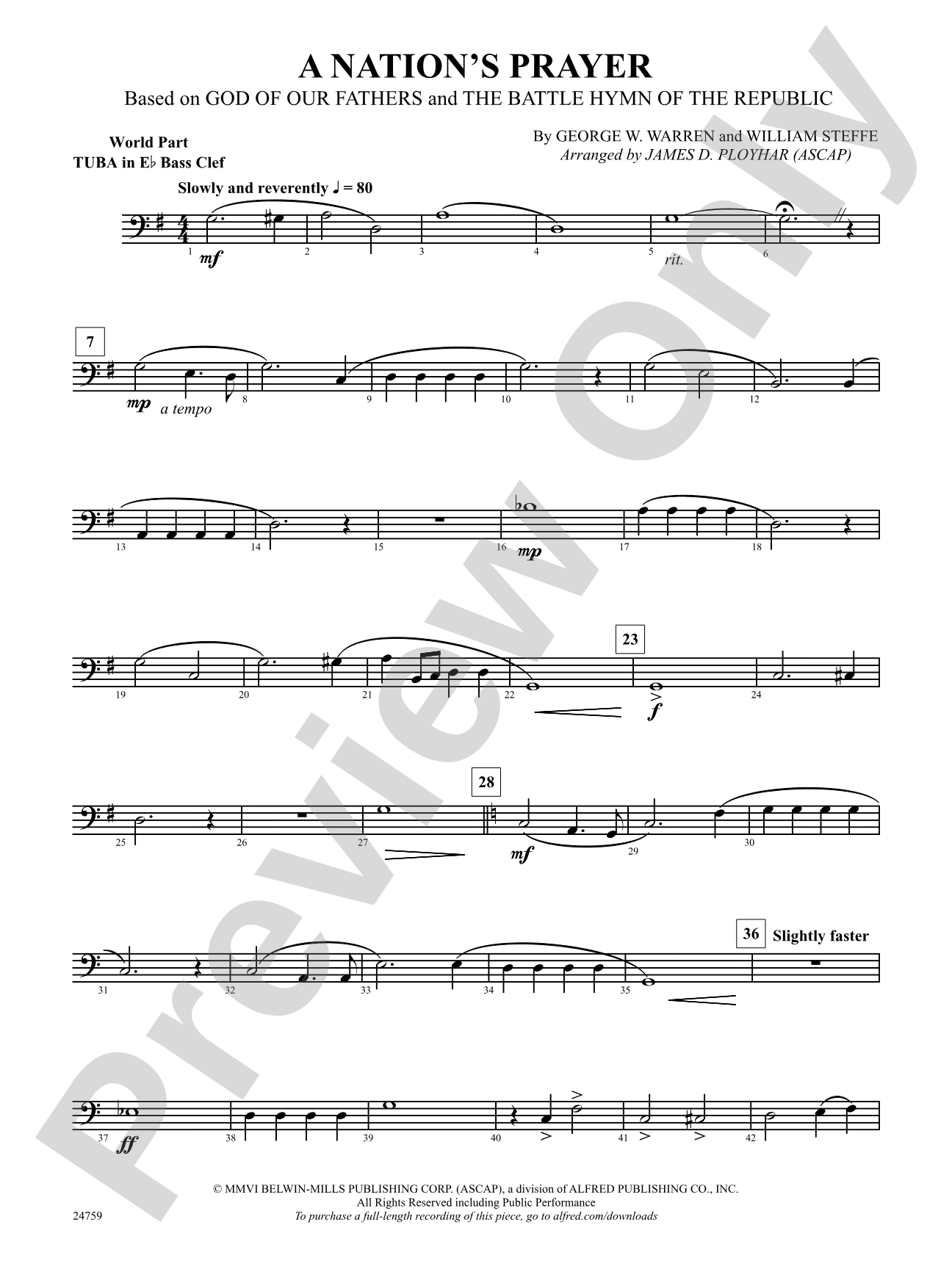 A Nation's Prayer (Based on "God of Our Fathers" and "The Battle Hymn of the Republic"): (wp) E-flat Tuba B.C.