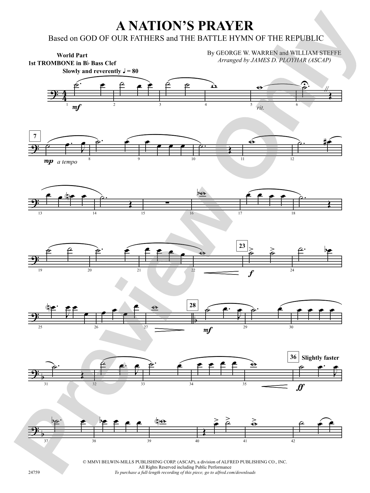 A Nation's Prayer (Based on "God of Our Fathers" and "The Battle Hymn of the Republic"): (wp) 1st B-flat Trombone B.C.