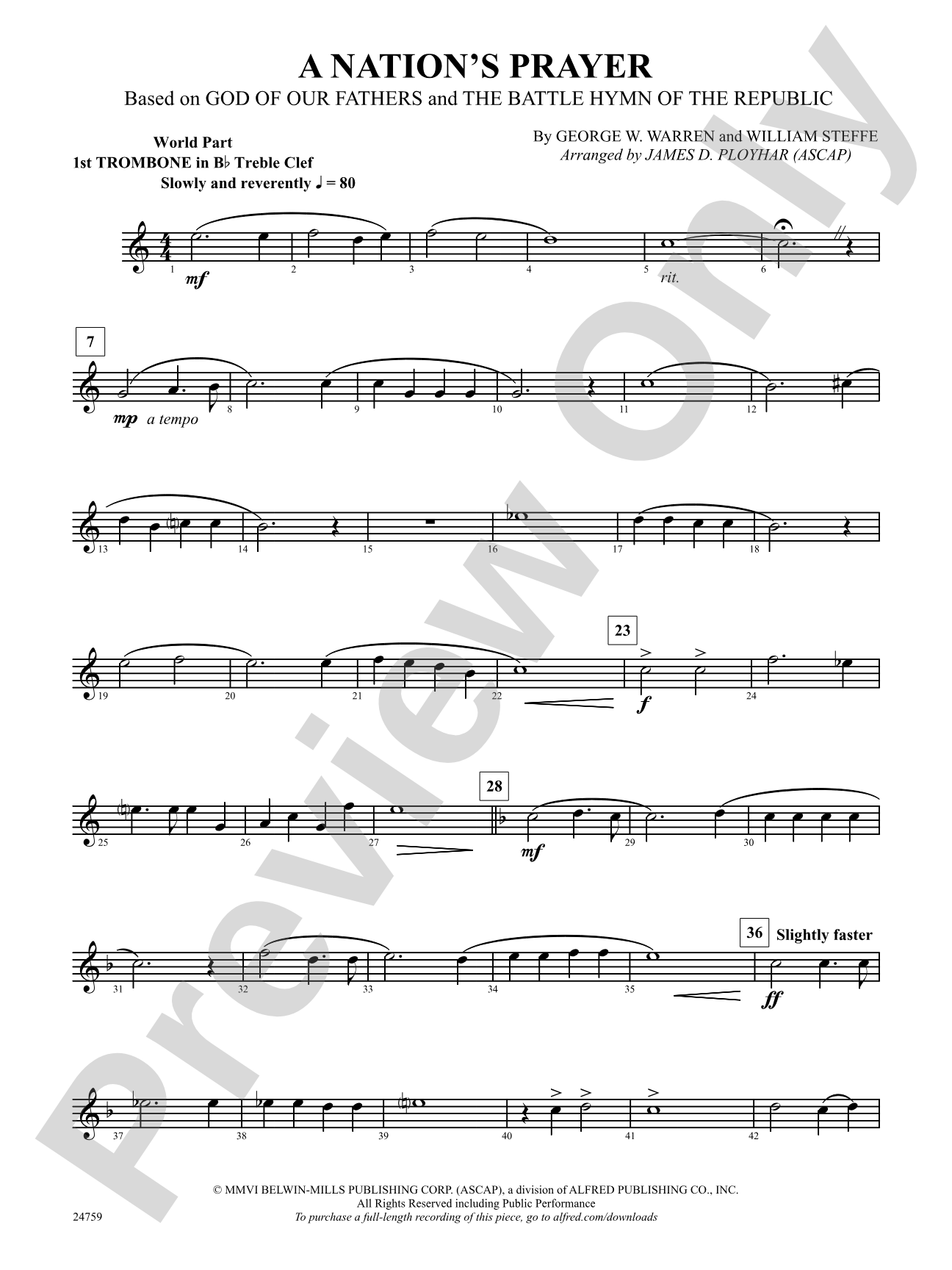 A Nation's Prayer (Based on "God of Our Fathers" and "The Battle Hymn of the Republic"): (wp) 1st B-flat Trombone T.C.