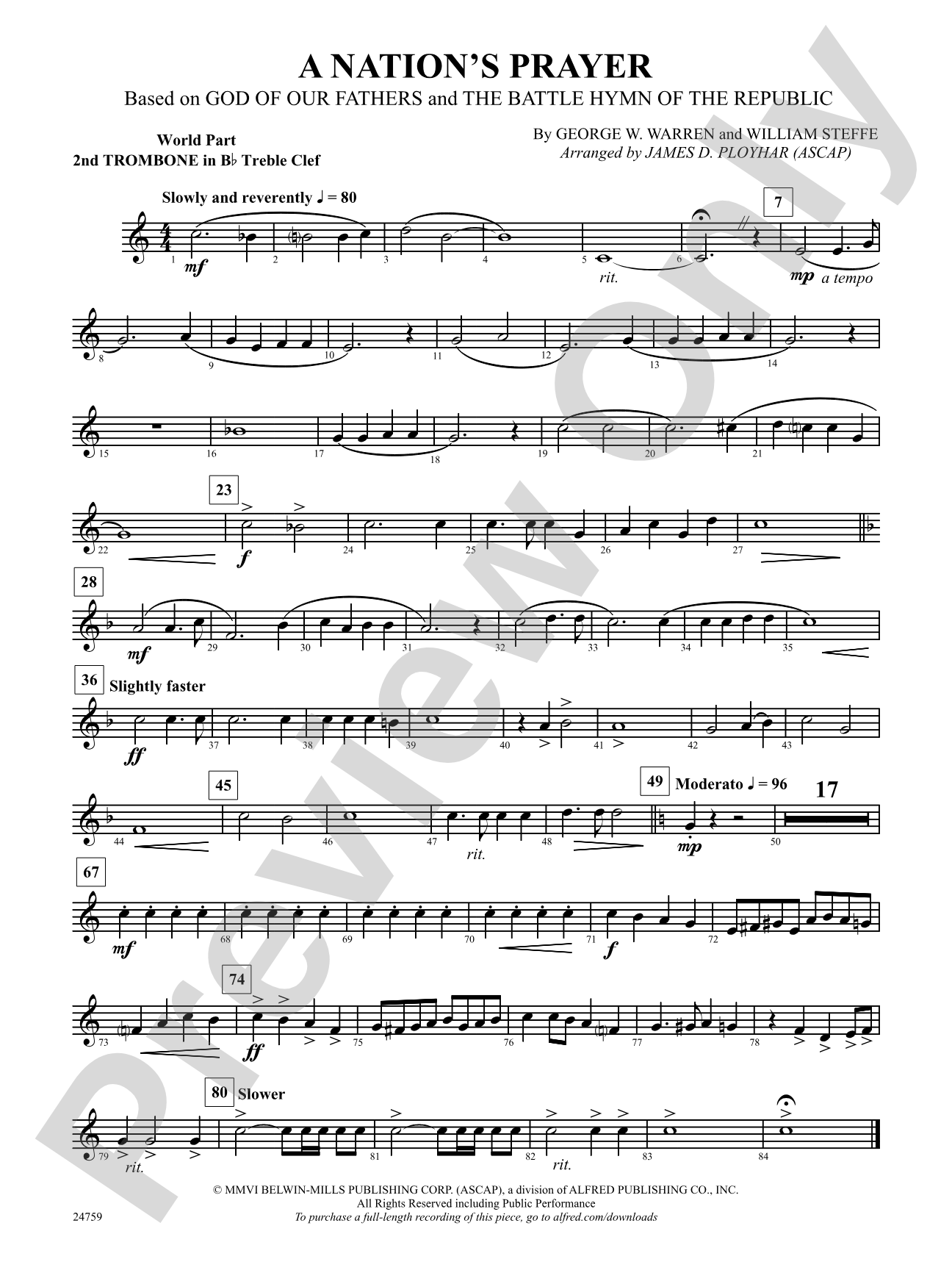 A Nation's Prayer (Based on "God of Our Fathers" and "The Battle Hymn of the Republic"): (wp) 2nd B-flat Trombone T.C.