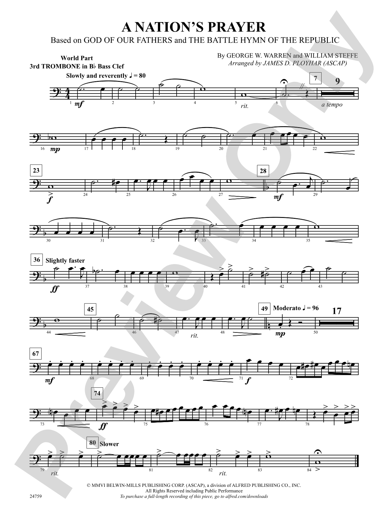 A Nation's Prayer (Based on "God of Our Fathers" and "The Battle Hymn of the Republic"): (wp) 3rd B-flat Trombone B.C.