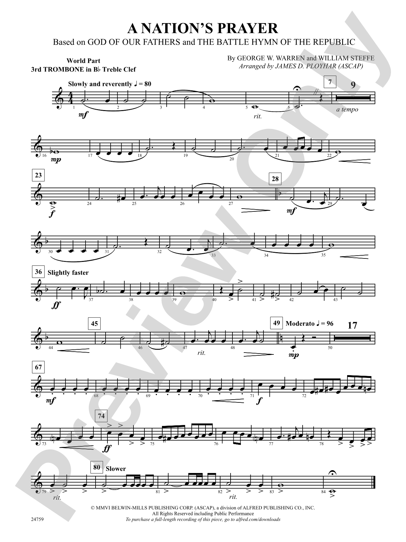 A Nation's Prayer (Based on "God of Our Fathers" and "The Battle Hymn of the Republic"): (wp) 3rd B-flat Trombone T.C.