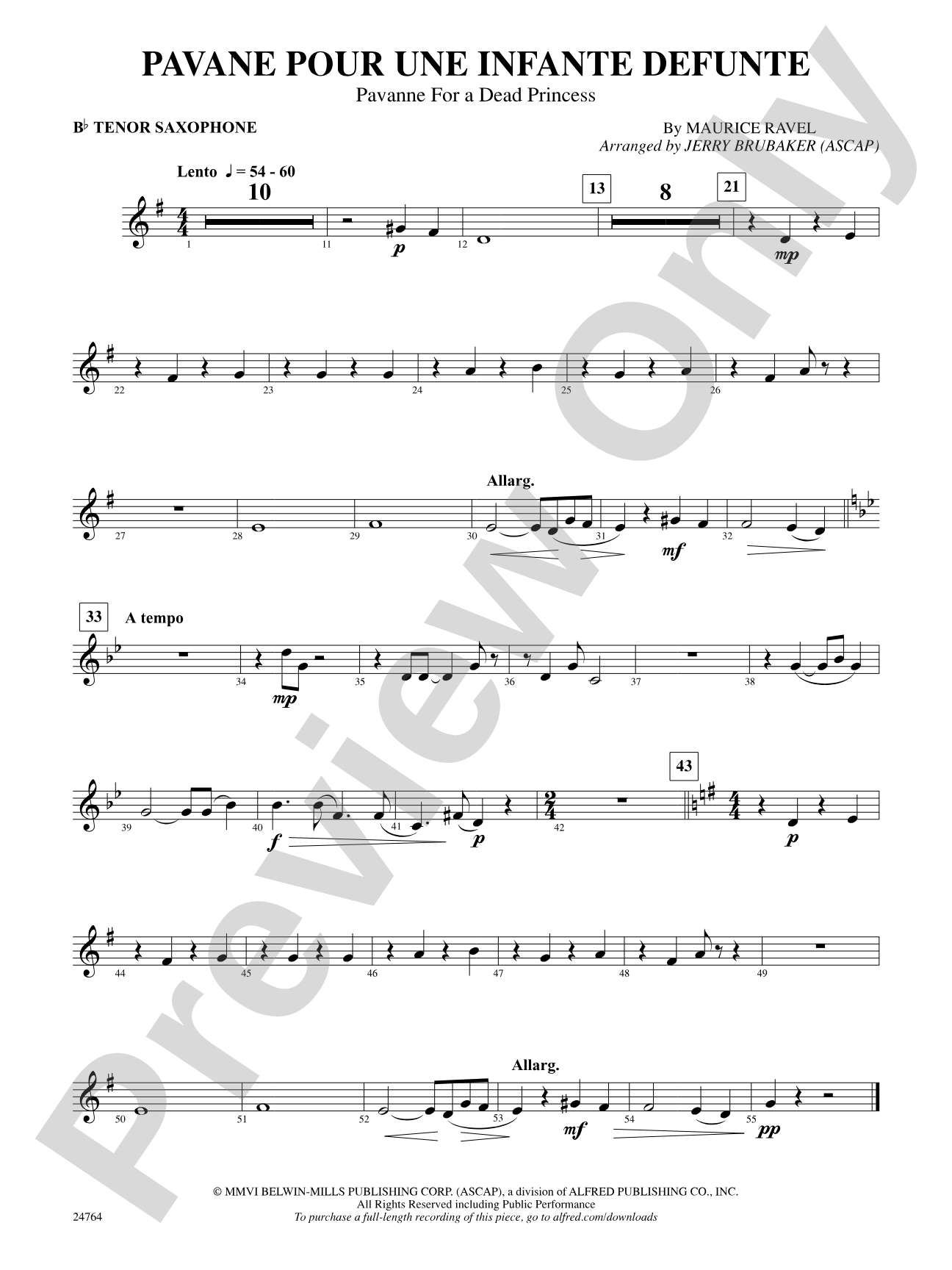 Pavane Pour Une Infante Defunte (Pavanne for a Dead Princess): B-flat Tenor Saxophone