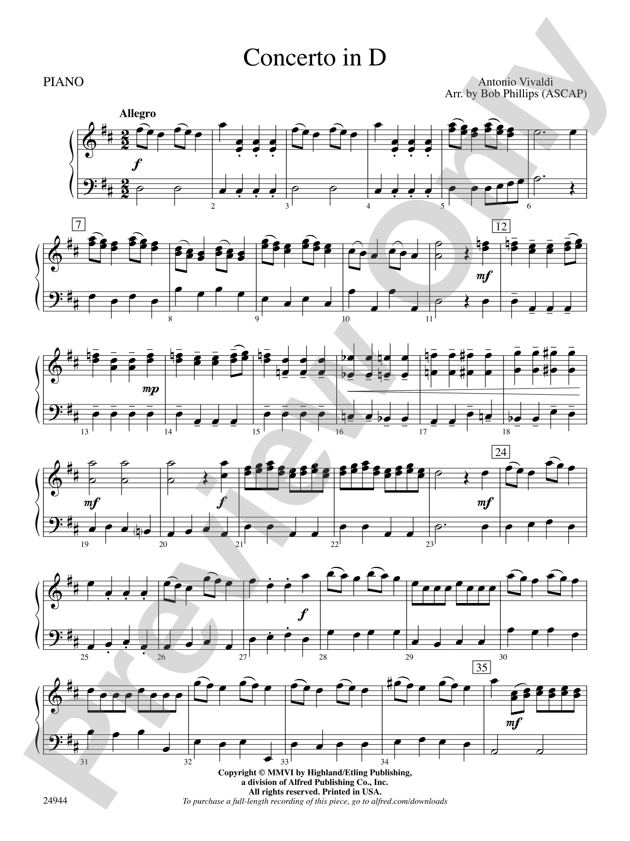 Concerto in D: Piano Accompaniment