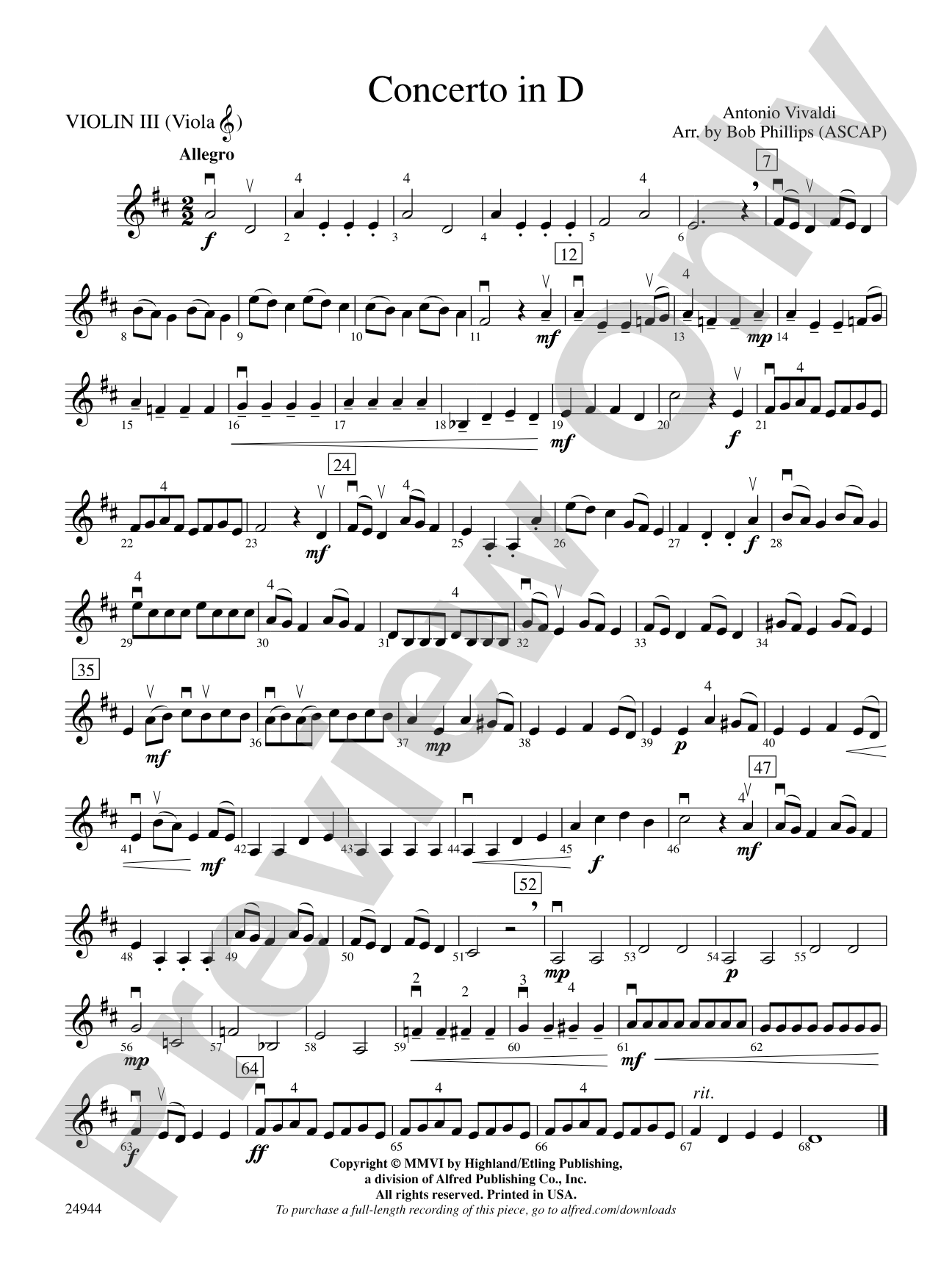 Concerto in D: 3rd Violin (Viola [TC])