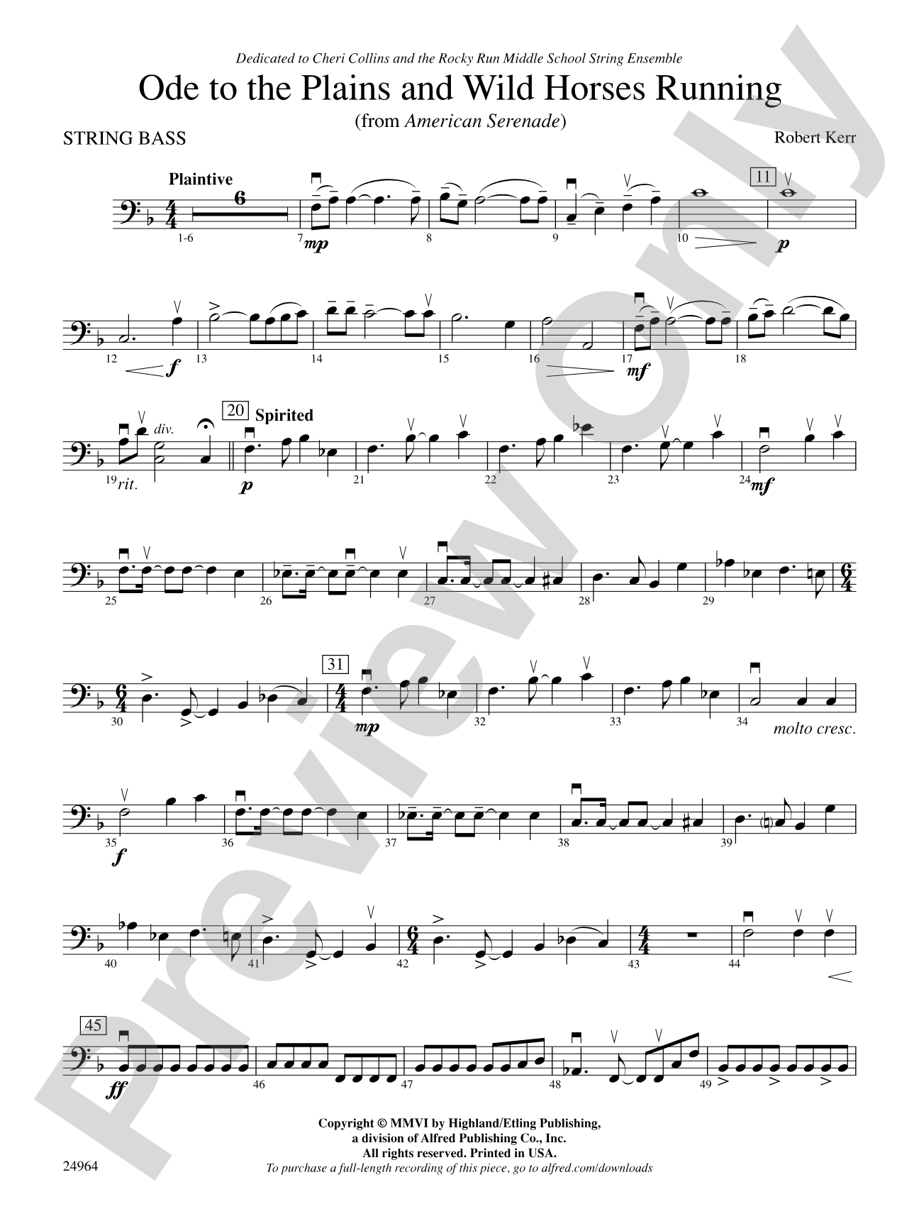 Ode to the Plains and Wild Horses Running (from American Serenade): String Bass