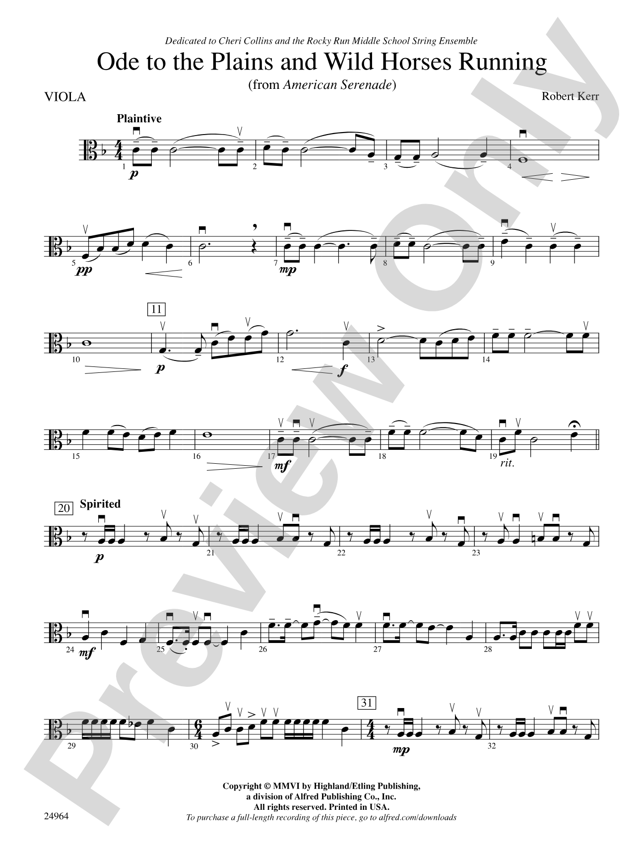 Ode to the Plains and Wild Horses Running (from American Serenade): Viola