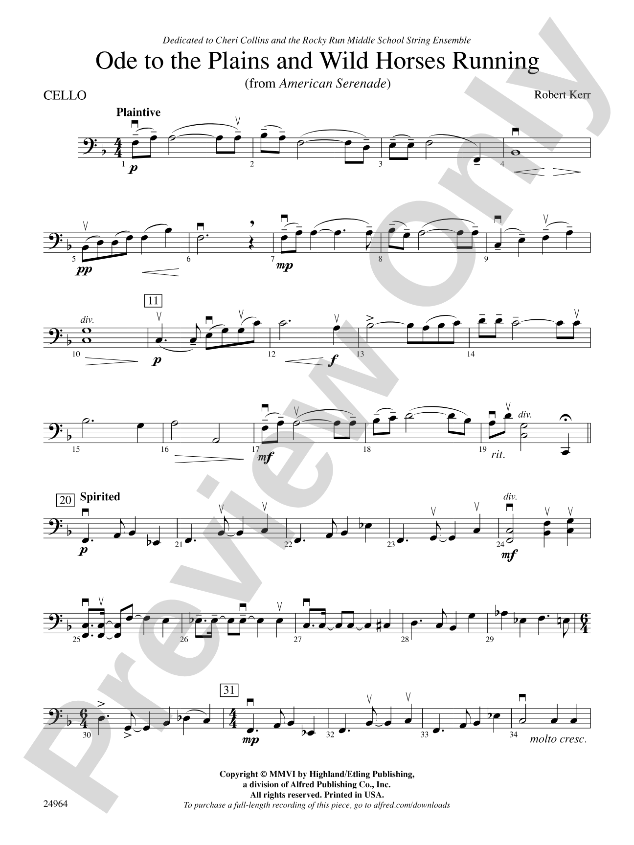 Ode to the Plains and Wild Horses Running (from American Serenade): Cello