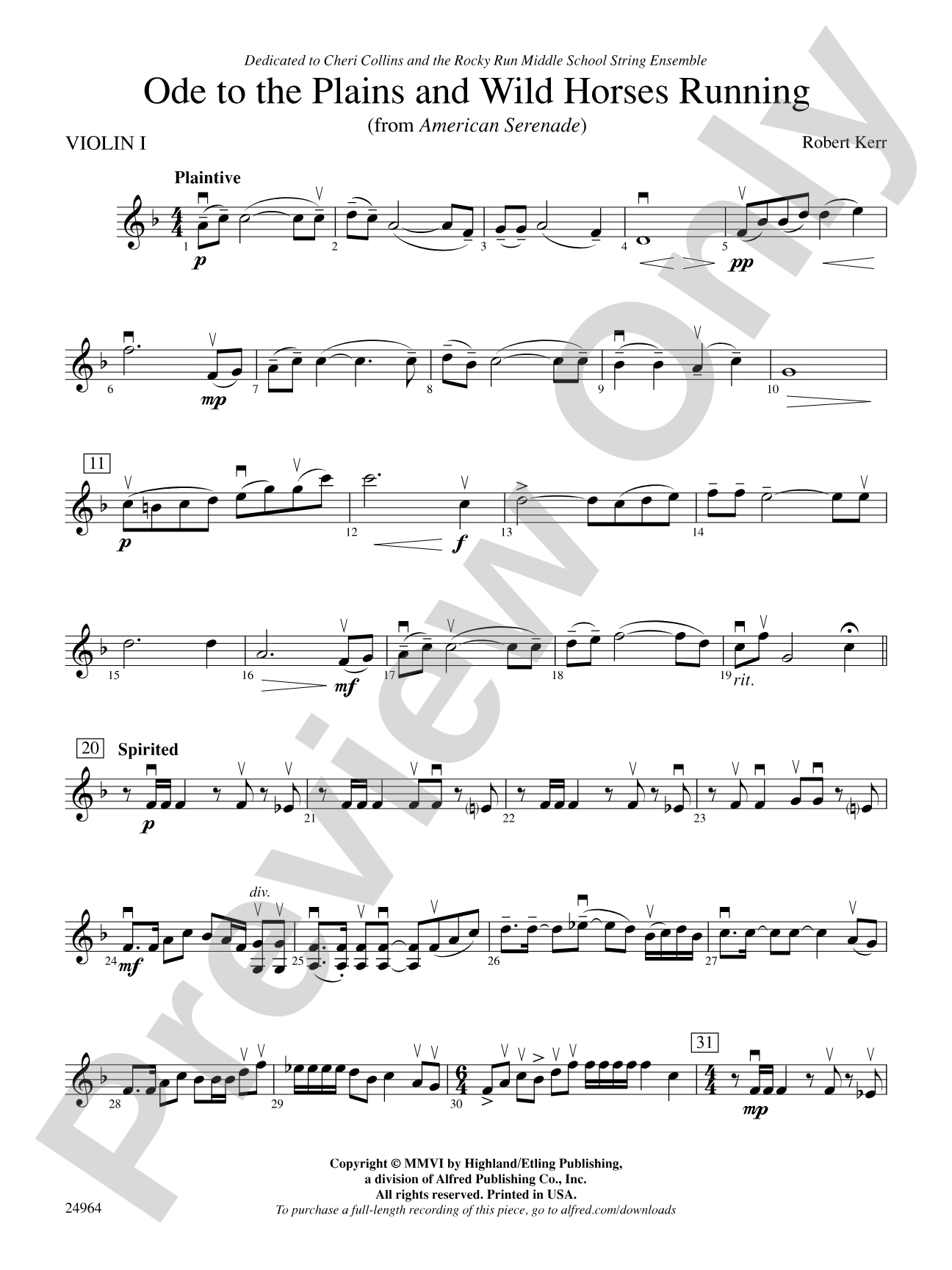 Ode to the Plains and Wild Horses Running (from American Serenade): 1st Violin