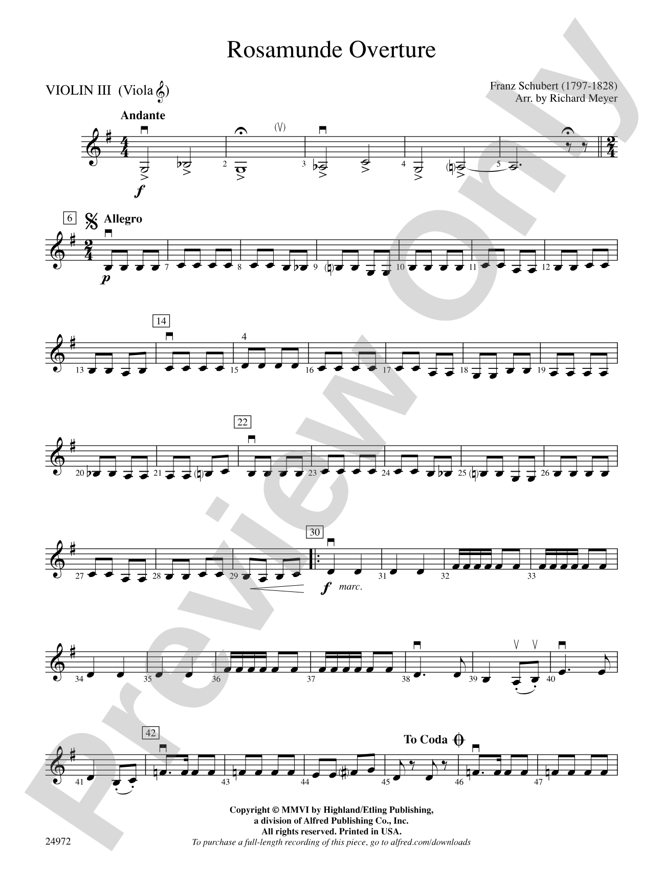 Rosamunde Overture: 3rd Violin (Viola [TC])