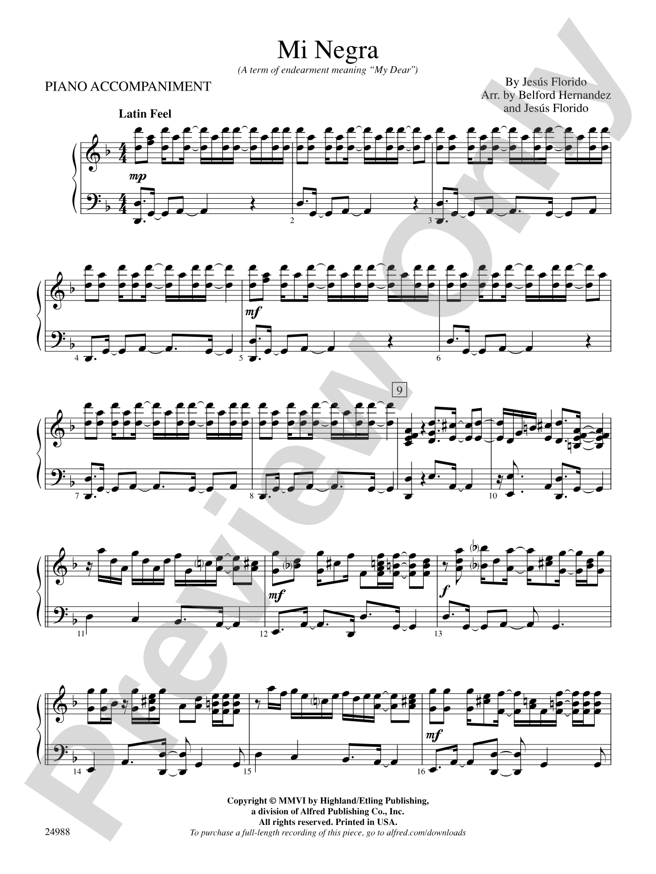 Mi Negra (My Dear): Piano Accompaniment