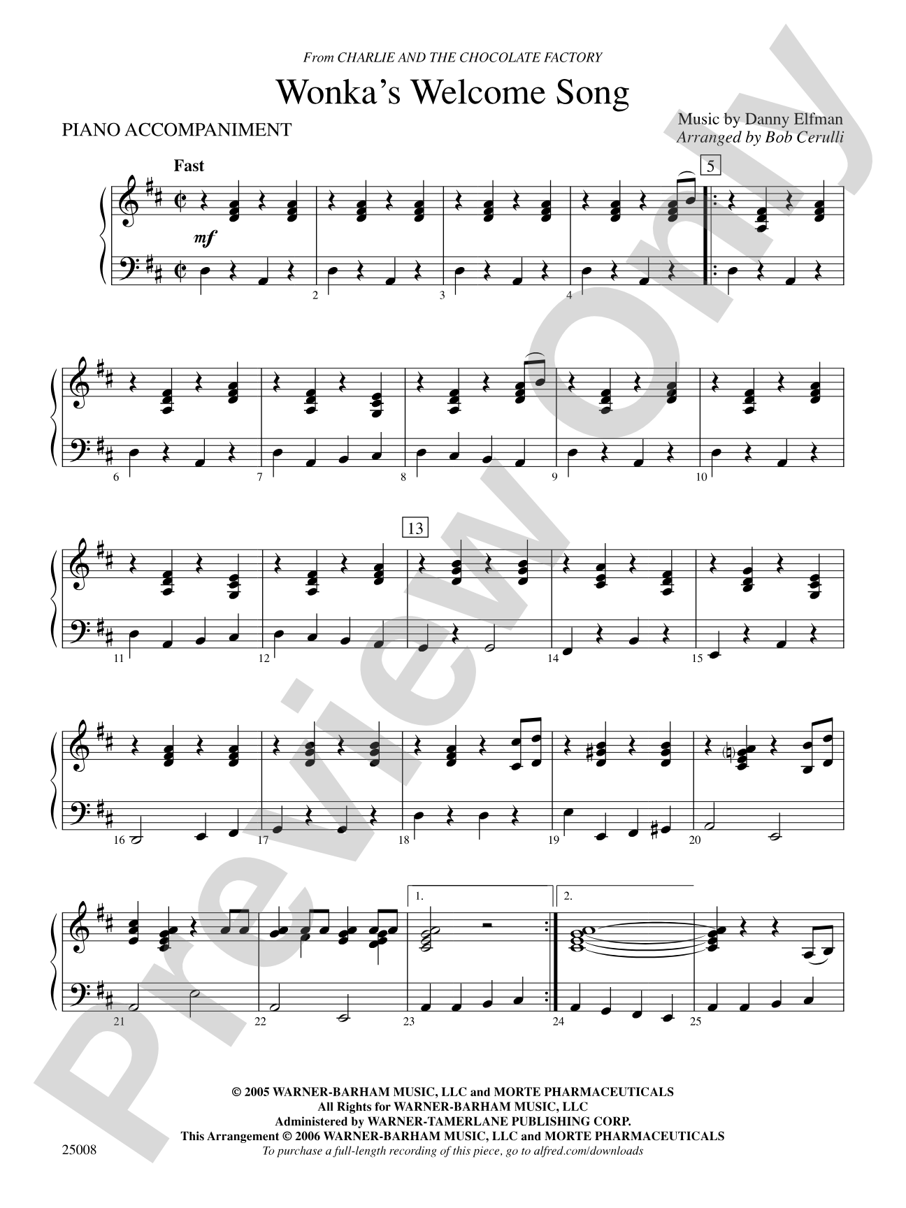 Wonka's Welcome Song (from Charlie and Chocolate Factory): Piano Accompaniment
