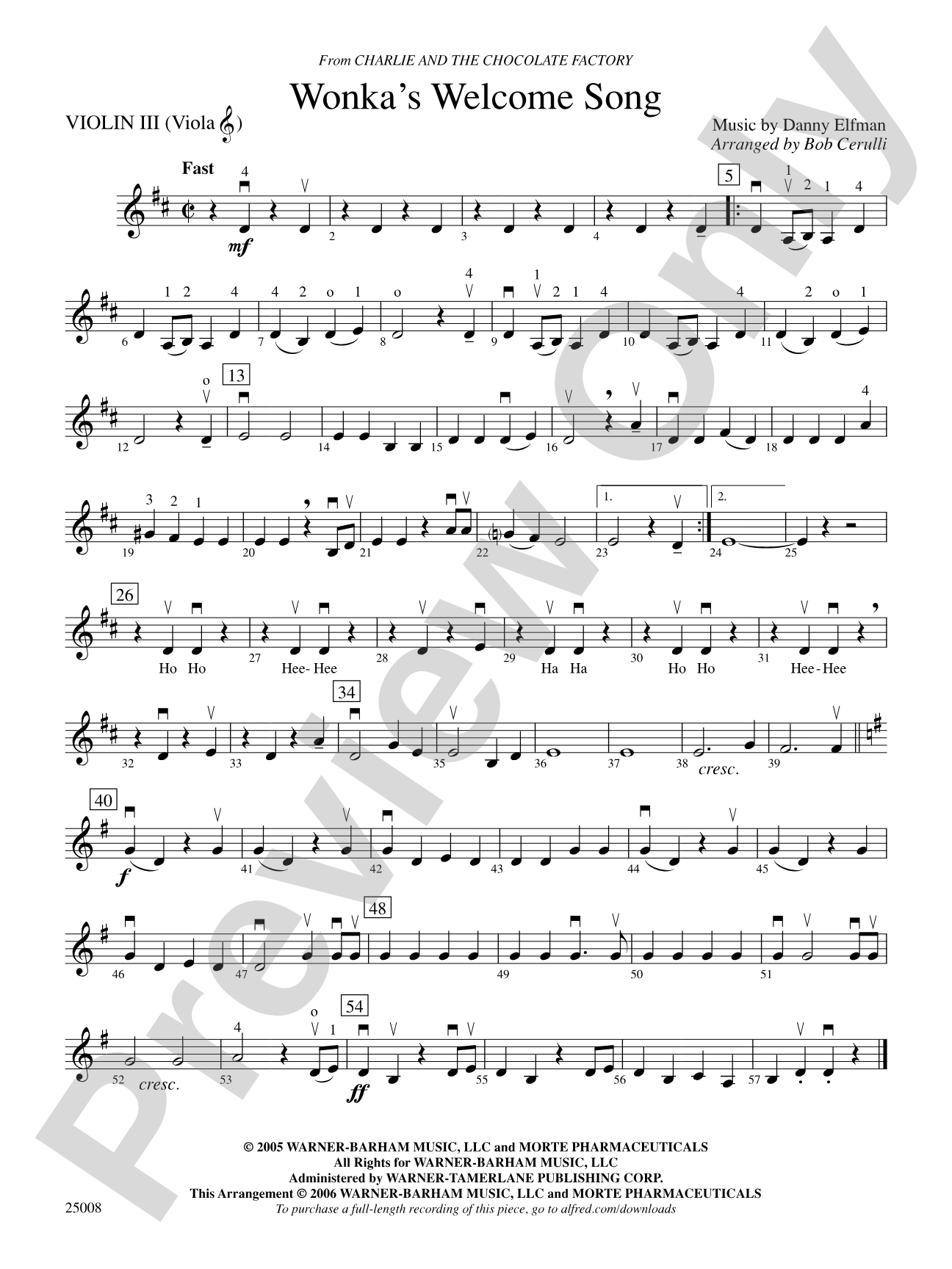 Wonka's Welcome Song (from Charlie and Chocolate Factory): 3rd Violin (Viola [TC])