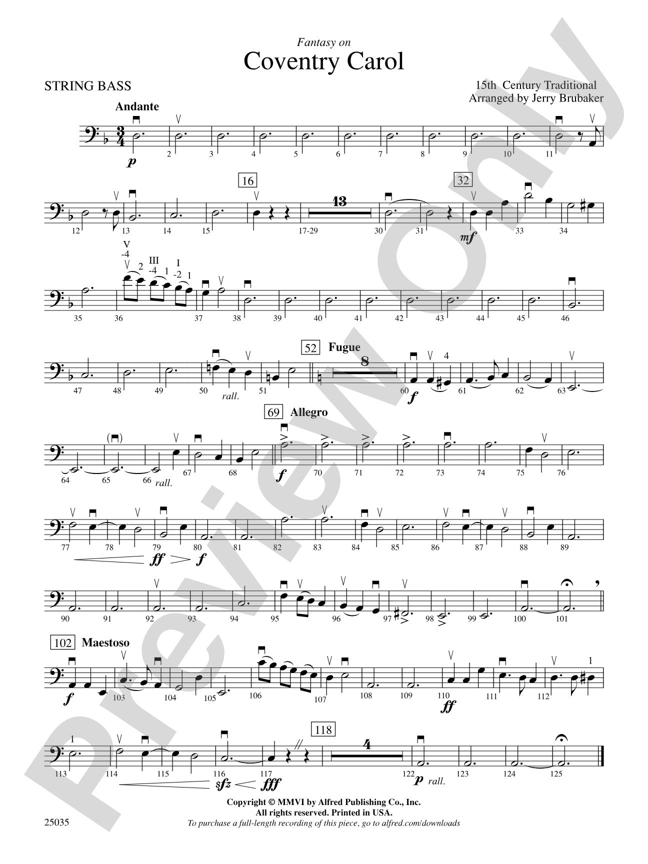 Coventry Carol, Fantasy on: String Bass