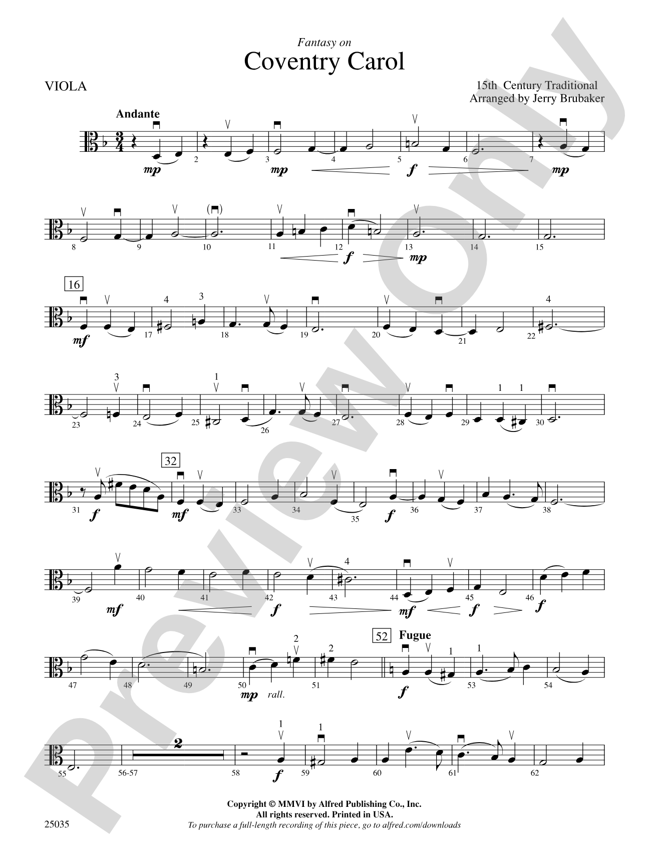 Coventry Carol, Fantasy on: Viola