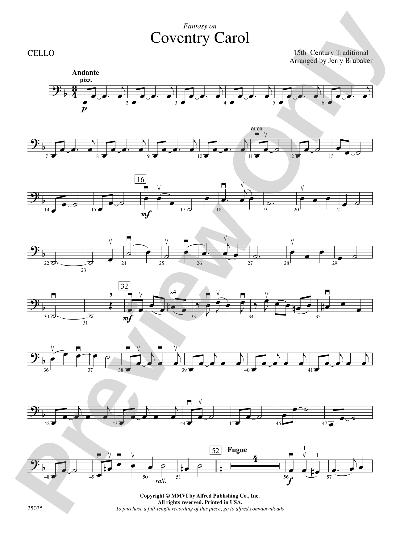 Coventry Carol, Fantasy on: Cello