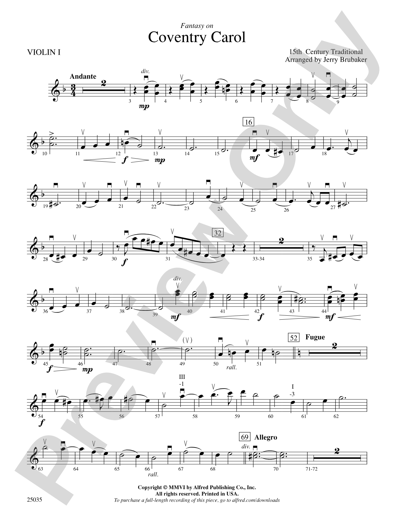 Coventry Carol, Fantasy on: 1st Violin