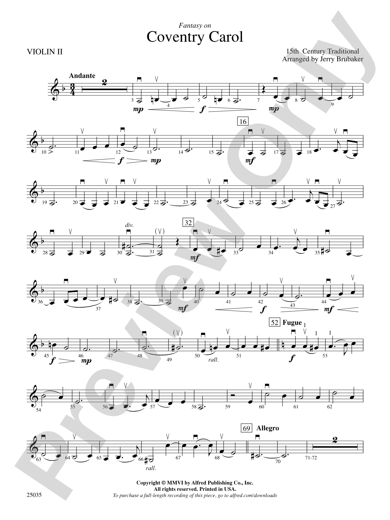 Coventry Carol, Fantasy on: 2nd Violin