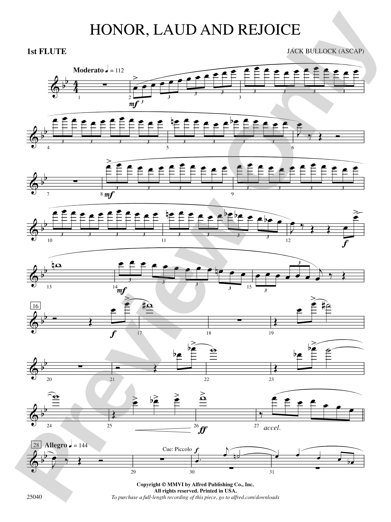 Honor, Laud and Rejoice: Flute