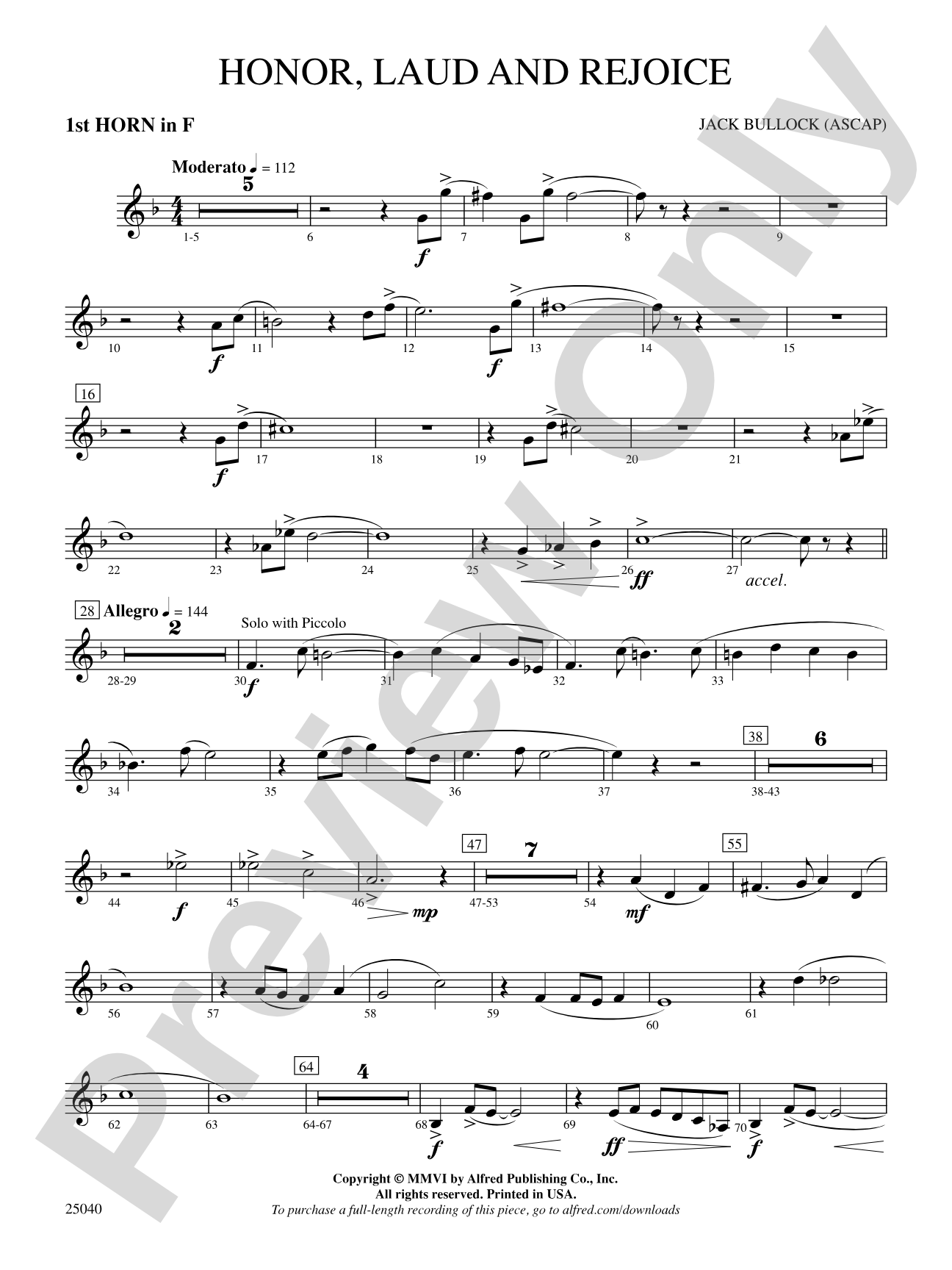 Honor, Laud and Rejoice: 1st F Horn