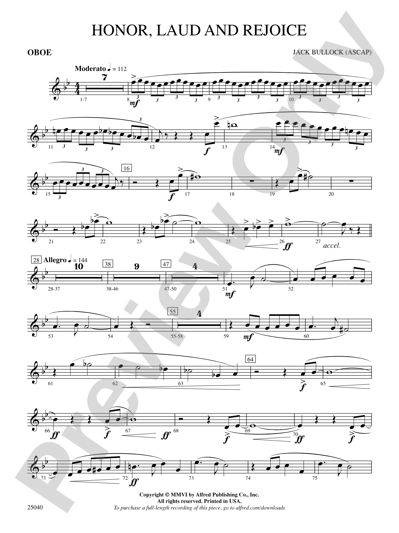 Honor, Laud and Rejoice: Oboe
