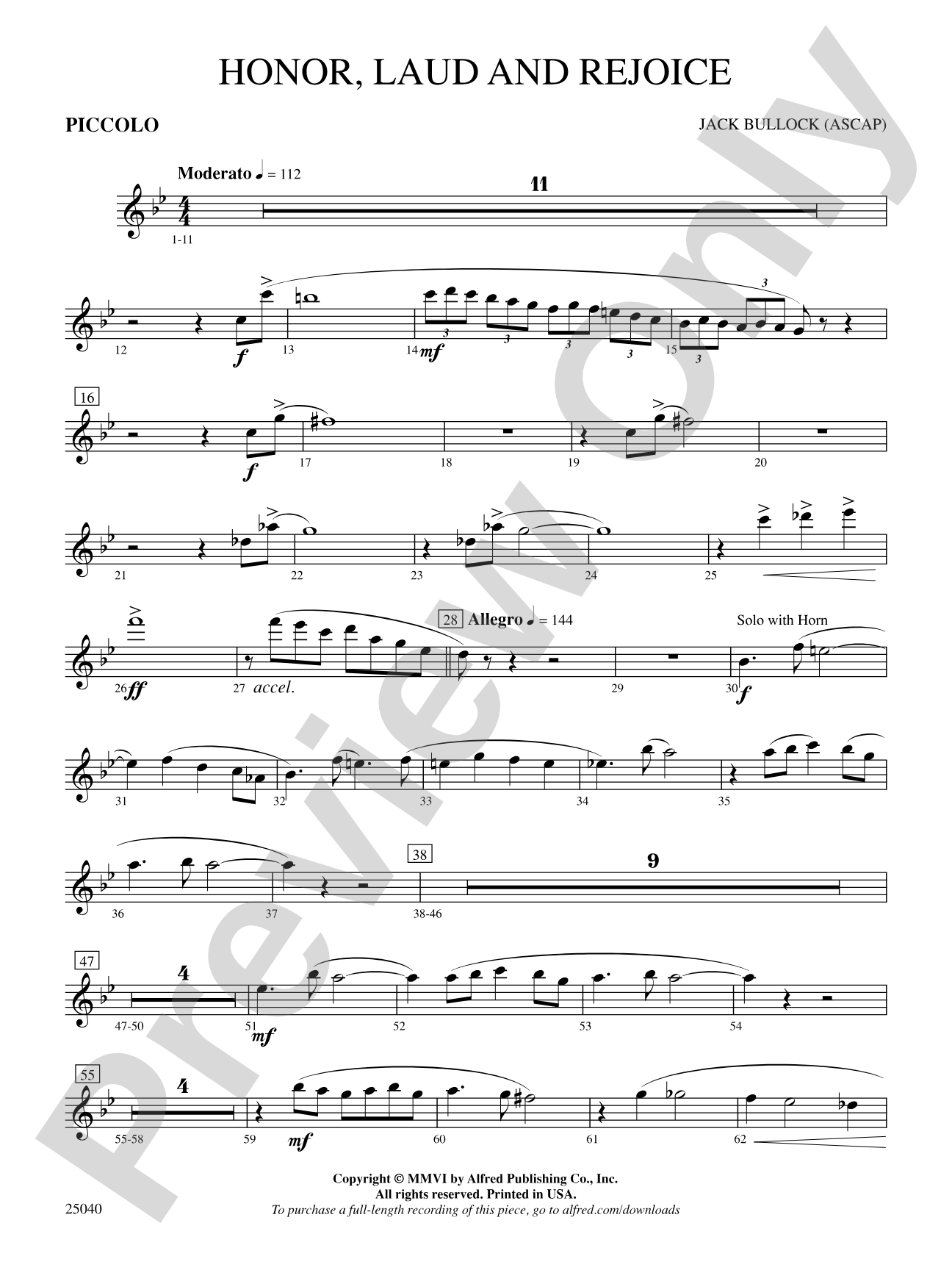 Honor, Laud and Rejoice: Piccolo