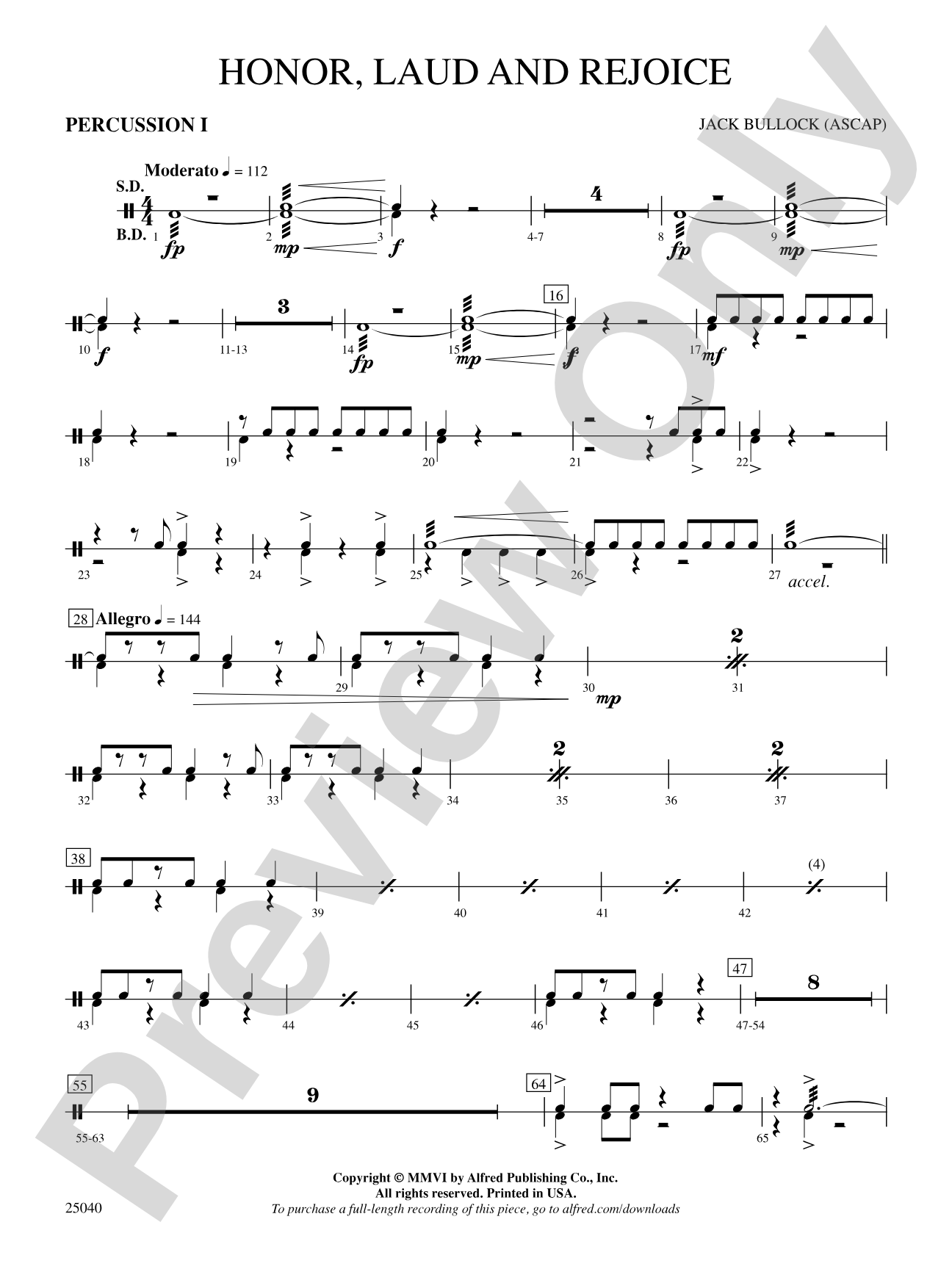 Honor, Laud and Rejoice: 1st Percussion