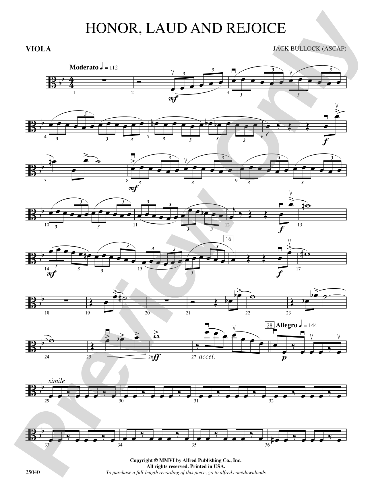 Honor, Laud and Rejoice: Viola