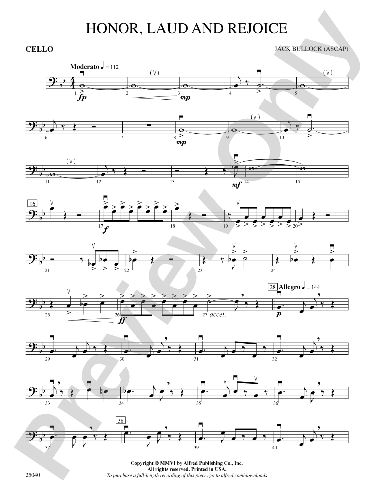 Honor, Laud and Rejoice: Cello