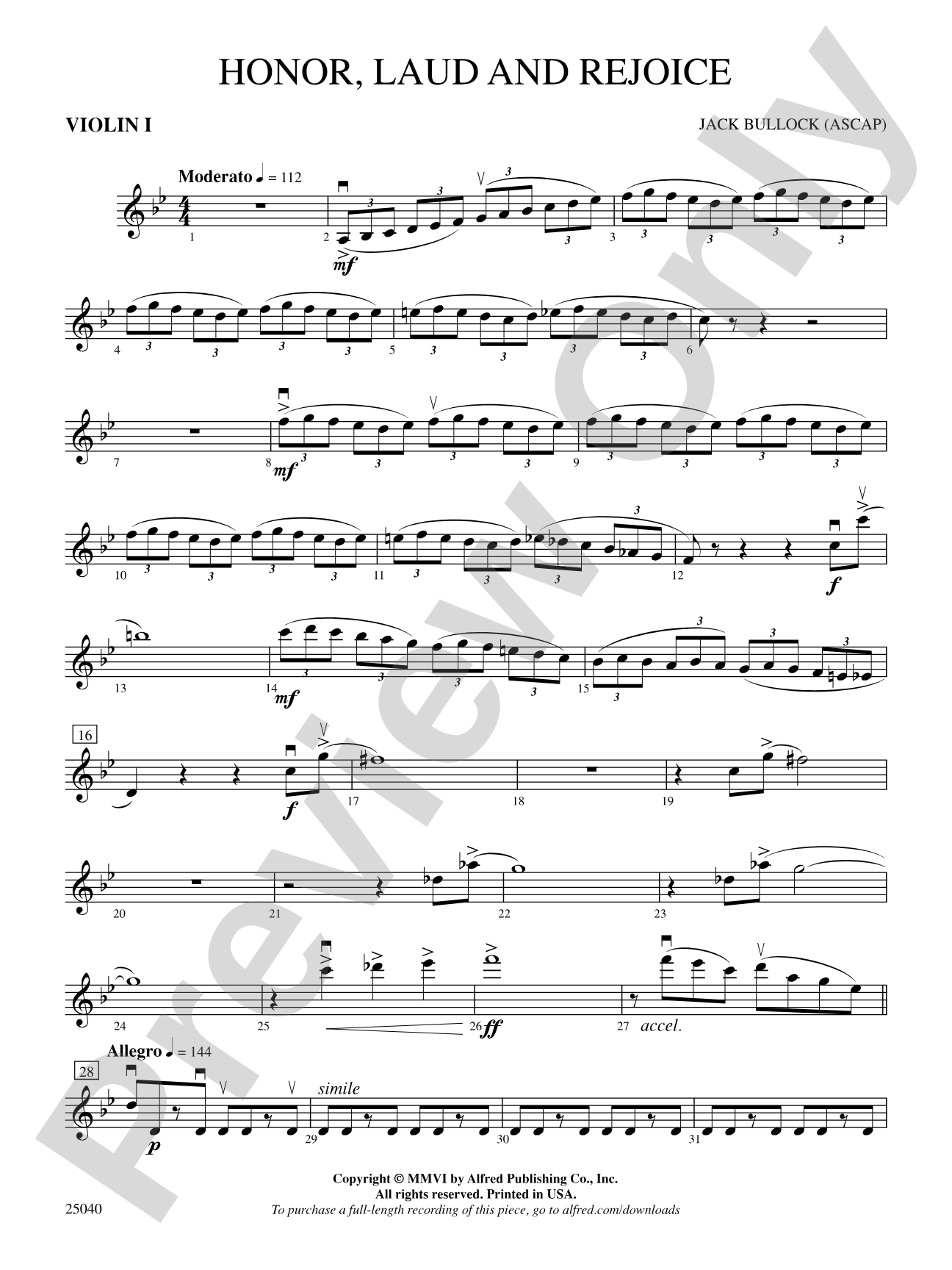 Honor, Laud and Rejoice: 1st Violin