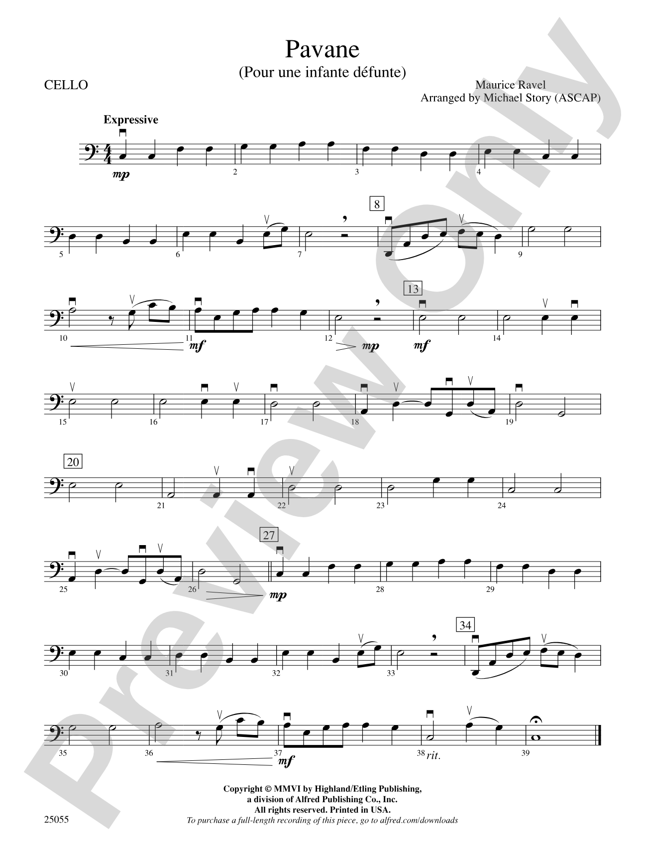 Pavane (Pour Une Infante Defunte): Cello