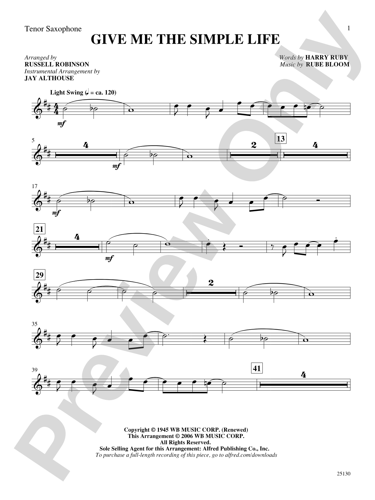 Give Me the Simple Life: B-flat Tenor Saxophone: Choral SoundPax