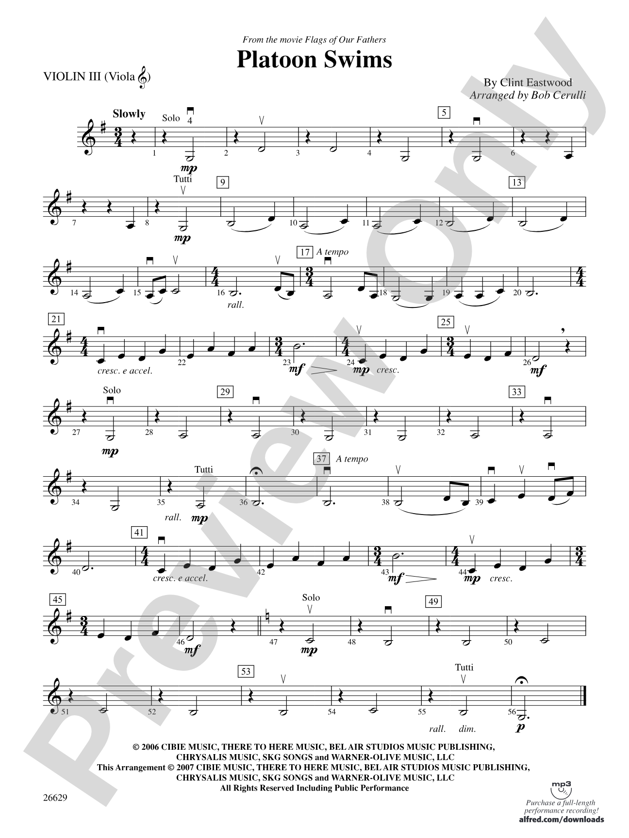Platoon Swims (from Flags of Our Fathers): 3rd Violin (Viola [TC])