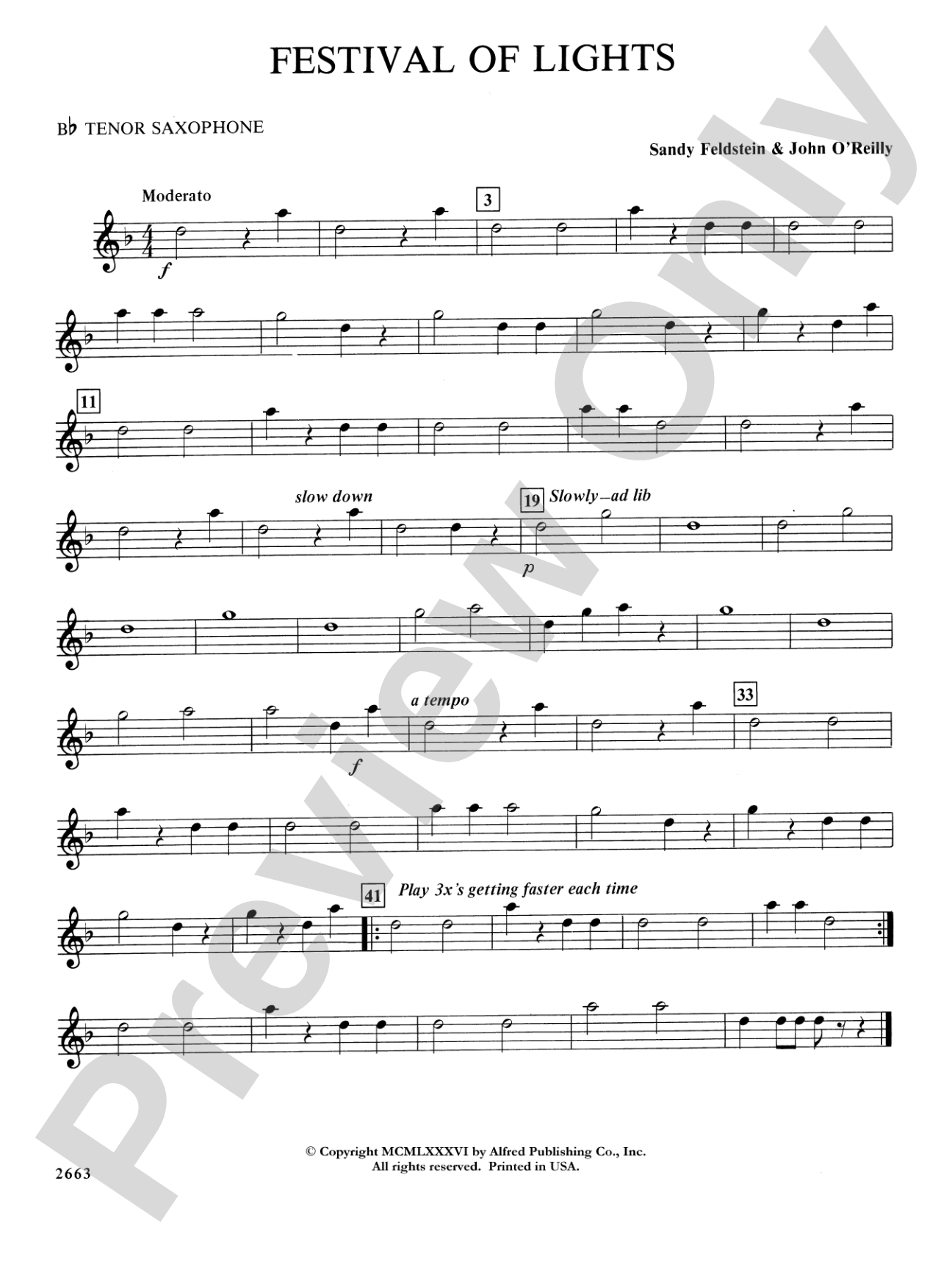 Festival of Lights (with optional chorus): B-flat Tenor Saxophone
