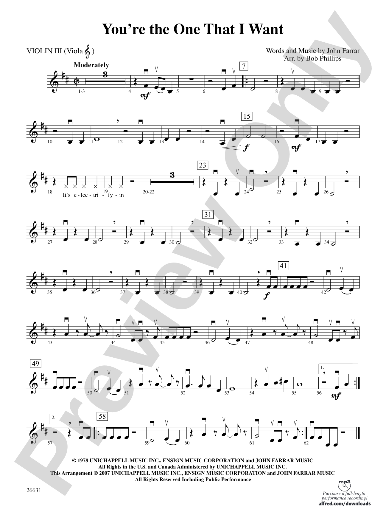 You're the One That I Want (from Grease): 3rd Violin (Viola [TC])