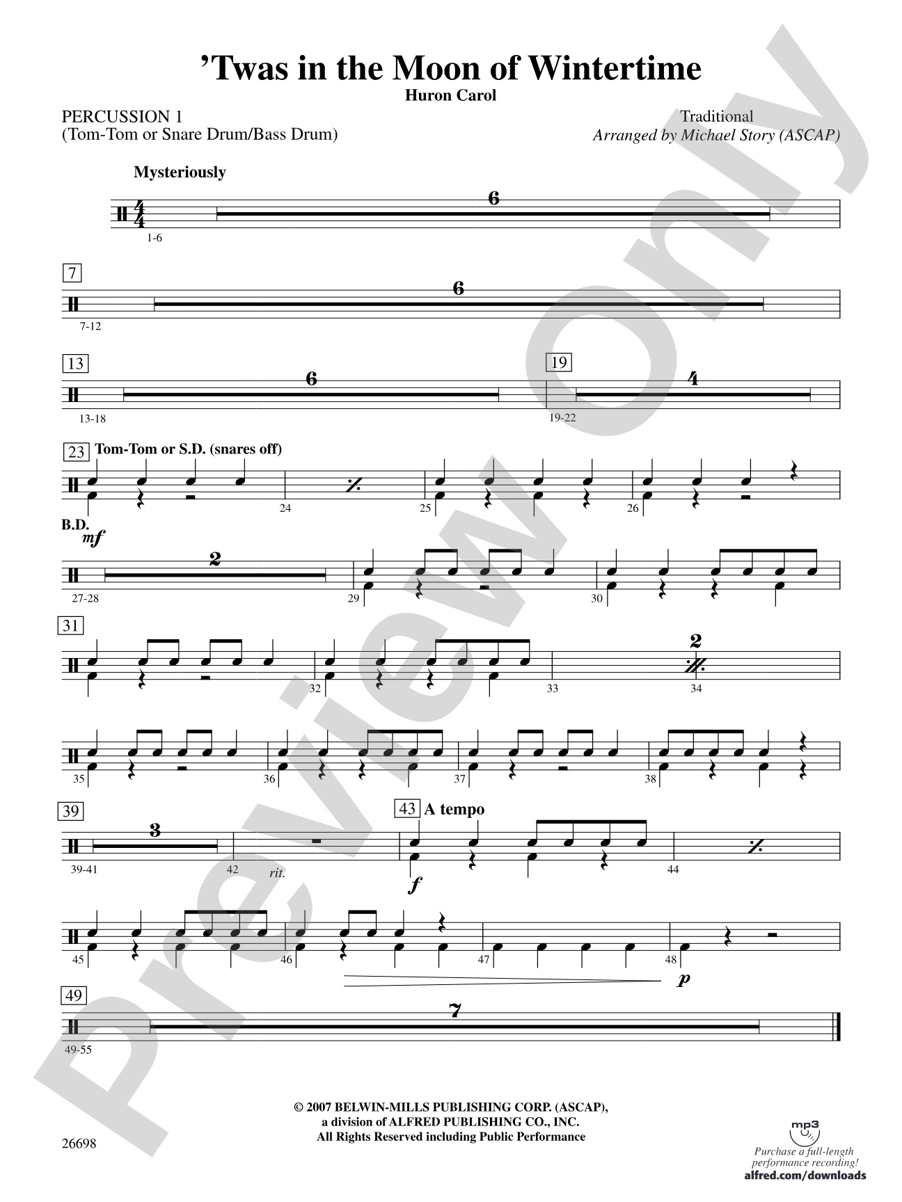 'Twas in the Moon of Wintertime: 1st Percussion